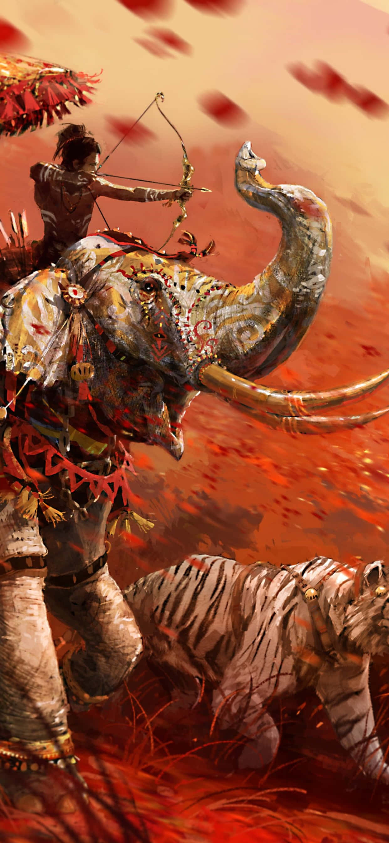 iPhone Xs Max Far Cry 4 桌布 壁紙 — 一位騎在裝飾華麗的大象上的戰士正瞄準弓箭，而一隻老虎在下方熾熱的紅色樹葉中潛行。