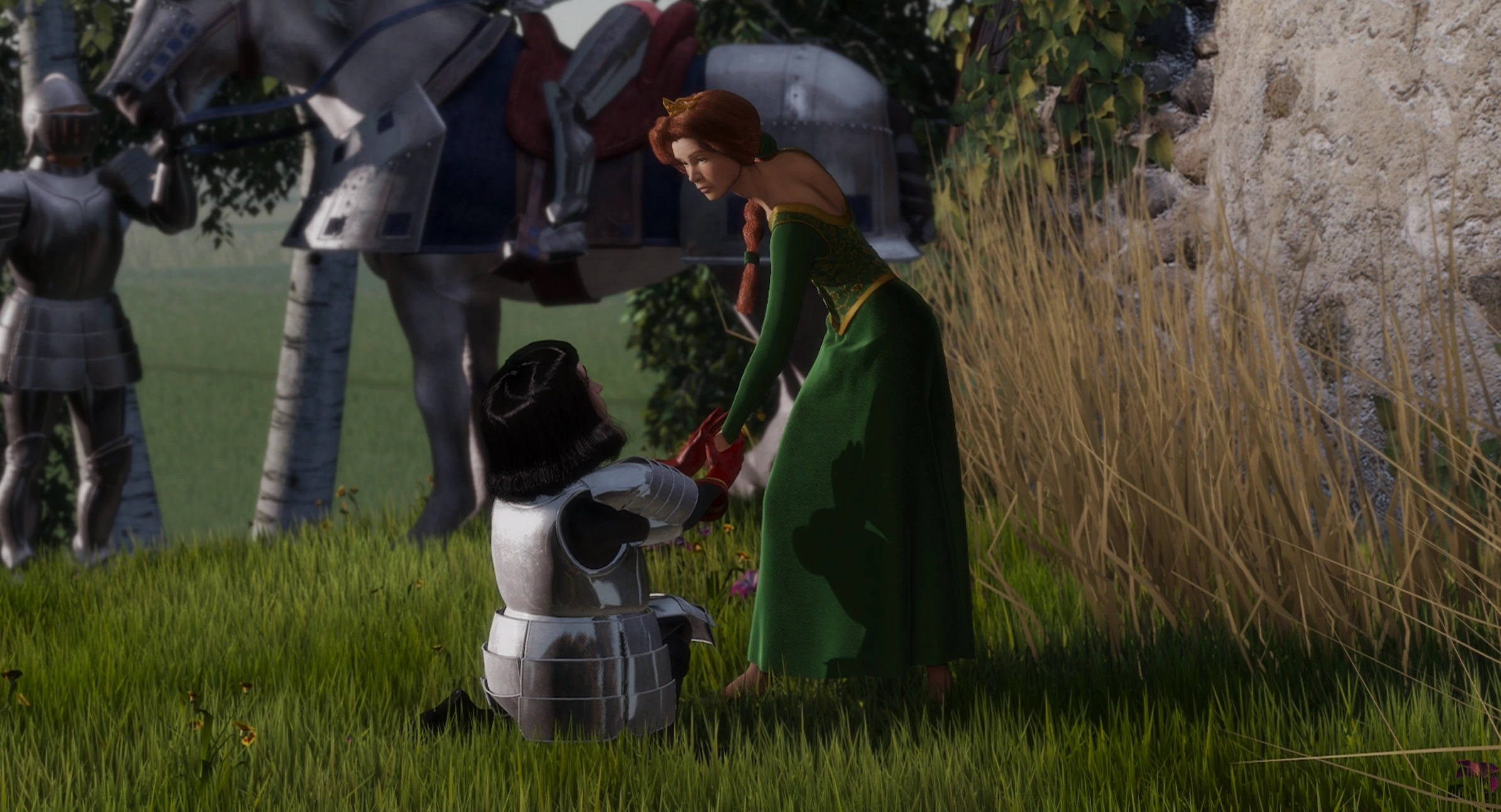 Lord Farquaad 桌布 壁紙 — 一位騎士跪在草地上，一位身穿綠色長袍的貴族女子在裝甲馬匹和石頭廢墟附近向他伸出手。