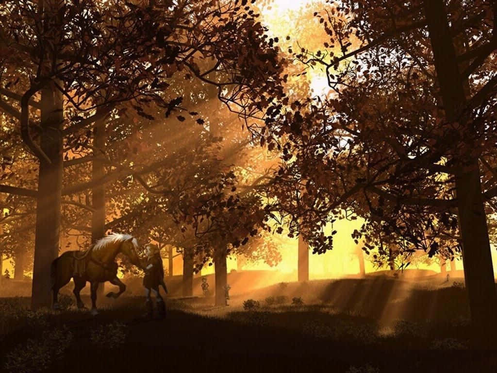 The Legend Of Zelda Epona 桌布 壁紙 — 一位騎手和馬匹站在陽光明媚的秋日森林中，金色光線穿過茂密的樹木，投下長長的影子。