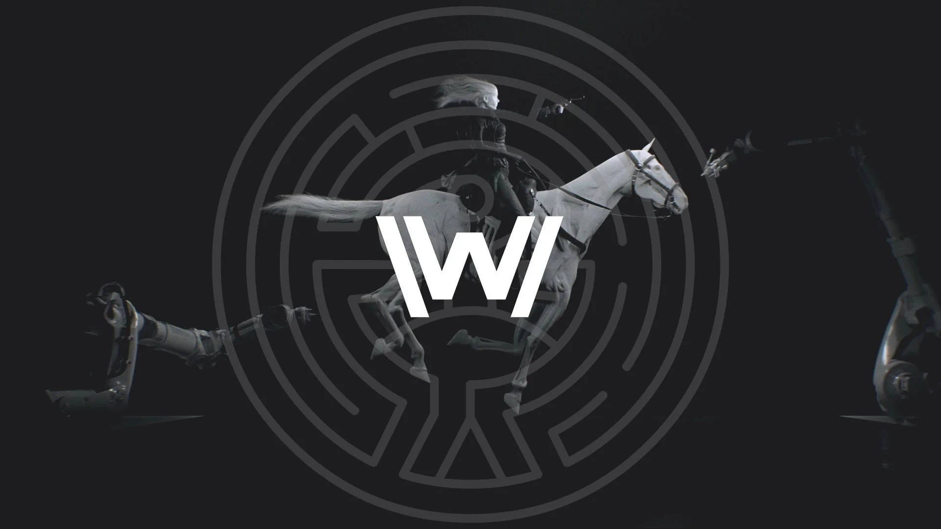 Westworld 桌布 壁紙 — 一位騎手騎著白馬穿過發光的迷宮，帶有機械肢體和一個大的白色「W」標誌居中。