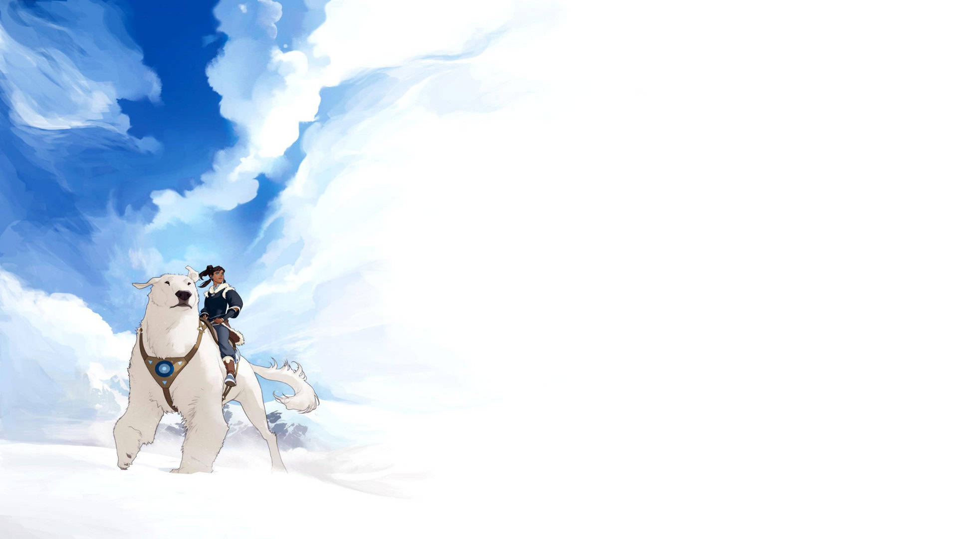 Korra 桌布 壁紙 — 一位騎手騎著雄偉的白色北極熊，在廣闊藍天和旋轉雲朵下的雪原上闊步前行。