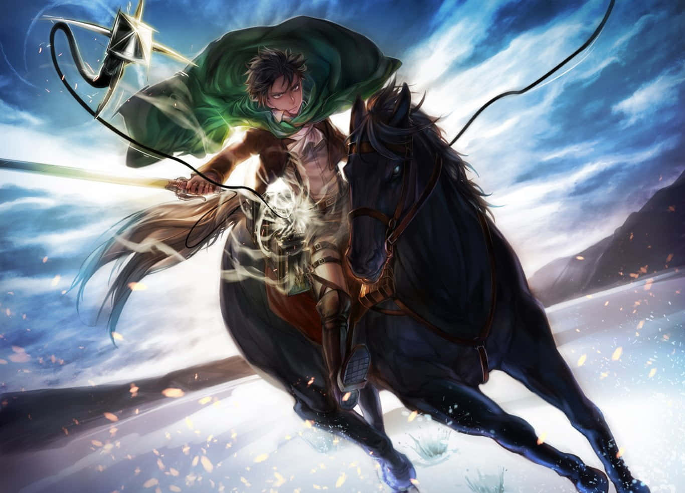 Attack On Titan Season 2 桌布 壁紙 — 一位騎著奔騰黑馬的戰士，在暴風雨的天空下揮舞著發光的劍，綠色斗篷飄揚。