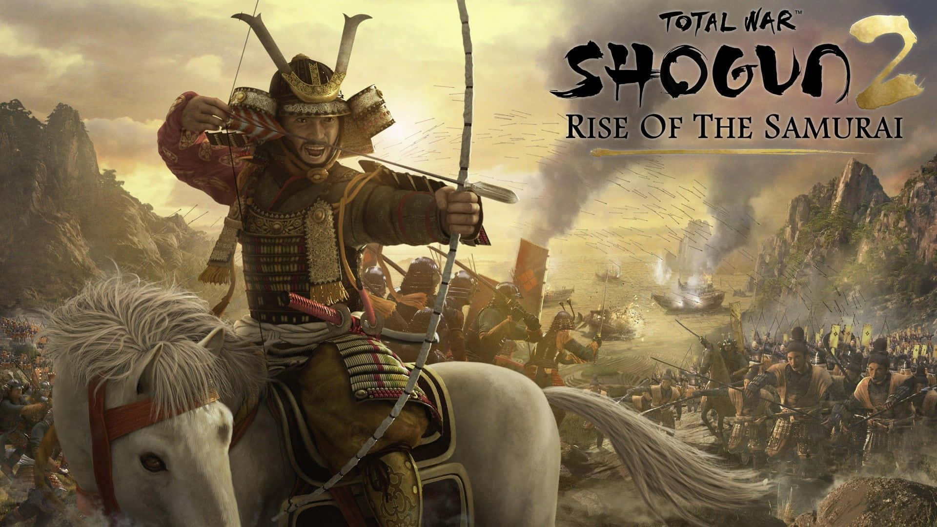 Shogun 桌布 壁紙 — 一位騎著白馬的武士在混亂的戰場上拉弓，遠方有船隻和士兵。