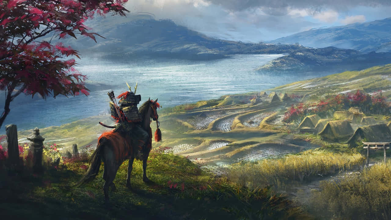 Samurai Landscape 桌布 壁紙 — 一位騎馬的武士俯瞰著寧靜的湖泊和梯田，天空多雲，襯托著充滿活力的粉紅色楓葉。