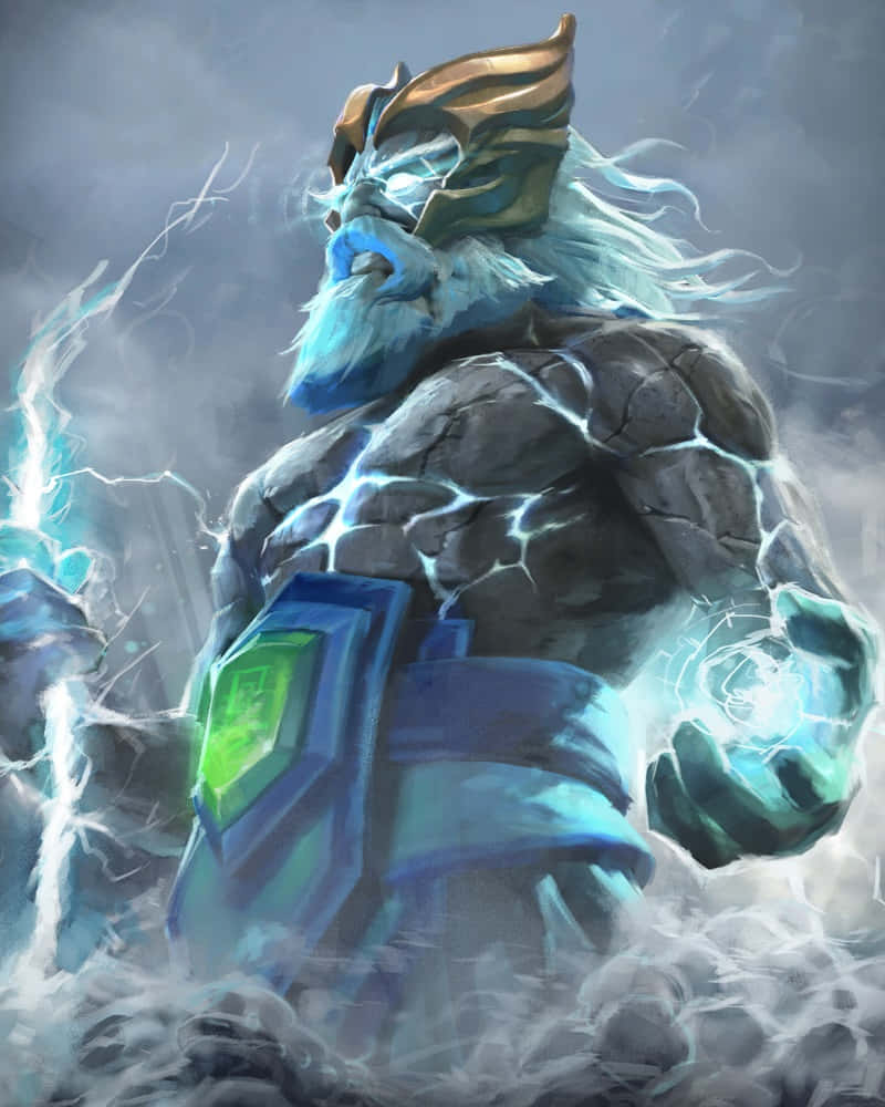 Dota 2 Zeus 桌布 壁紙 — 一位高大的藍鬍子雷神，劈啪作響的閃電流經他岩石般的身體和發光的拳頭。
