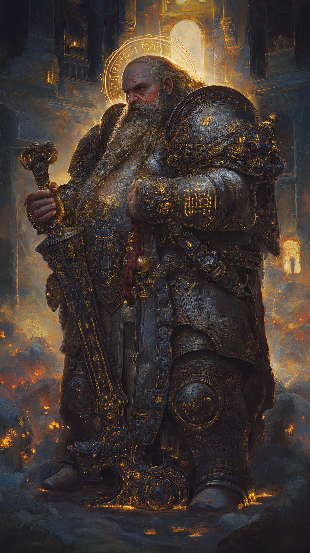Dwarf Leader in Ornate Armor 壁紙 — 一位高大的裝甲戰士，帶有發光的光環，站在熾熱的廢墟中，手持儀式鑰匙。