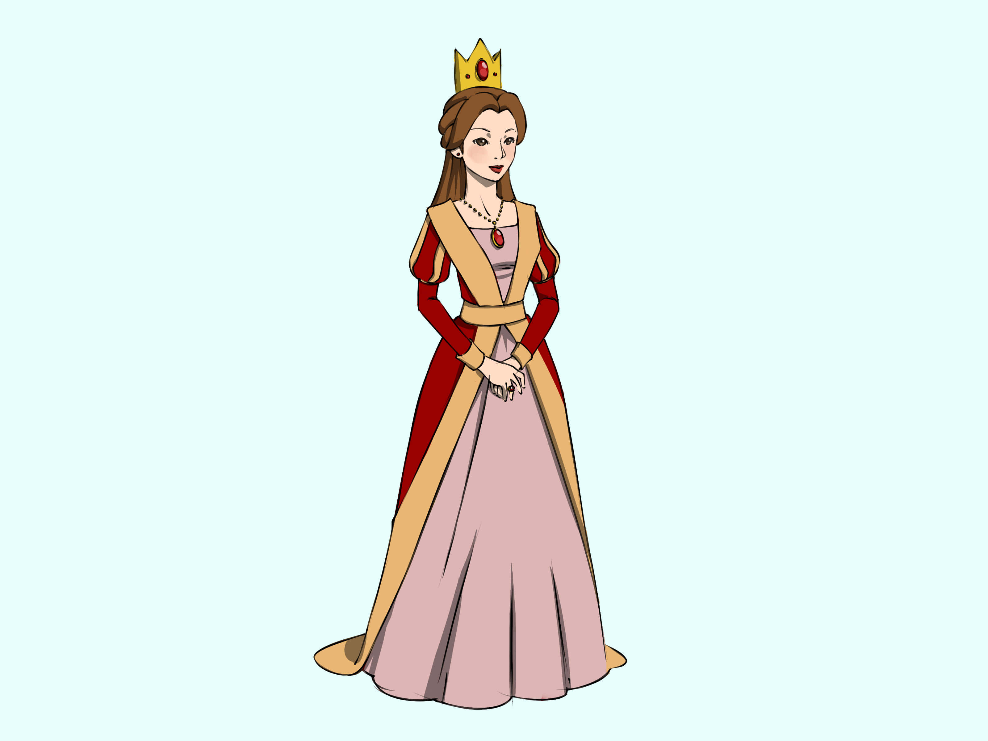 Cute Queen 桌布 壁紙 — 一位高貴的公主身穿粉紅色禮服，綴有紅色和金色裝飾，在柔和的薄荷色背景前優雅佇立。