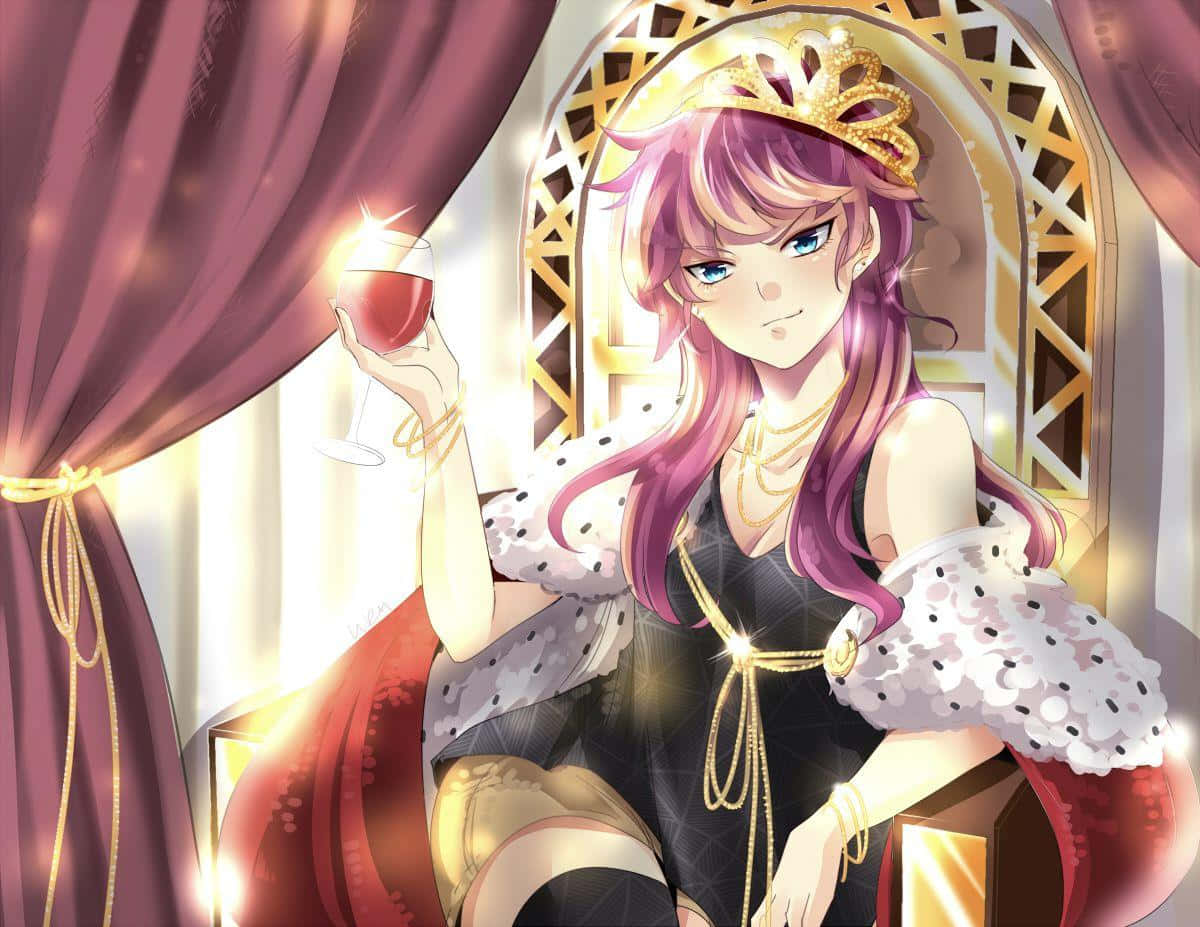 Characters 桌布 壁紙 — 一位高貴的動漫女孩，紫色頭髮，戴著金色皇冠，在溫暖光線照耀的豪華王座廳中手持一杯紅酒。