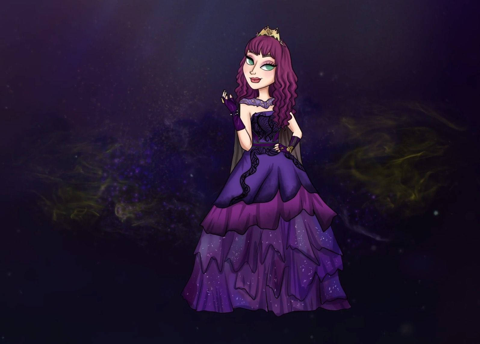 Descendants 桌布 壁紙 — 一位高貴的動漫女孩，紫色頭髮和長袍，站在宇宙星雲背景前，散發著紫色和金色的光芒。