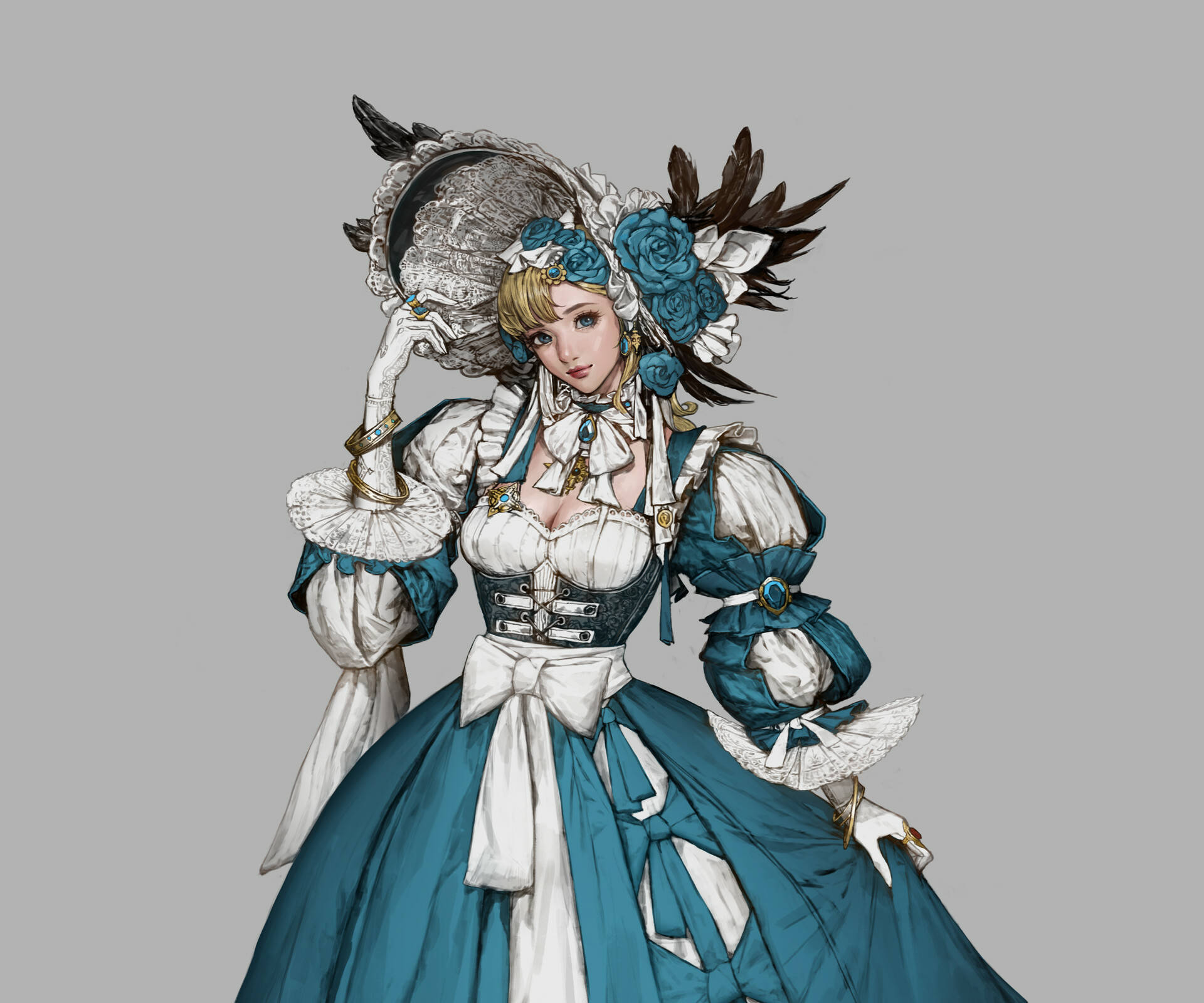 洋裝 桌布 壁紙 — 一位高貴的動漫女性，身穿藍白維多利亞禮服，戴著羽毛帽和玫瑰，在純灰色背景前擺姿勢。