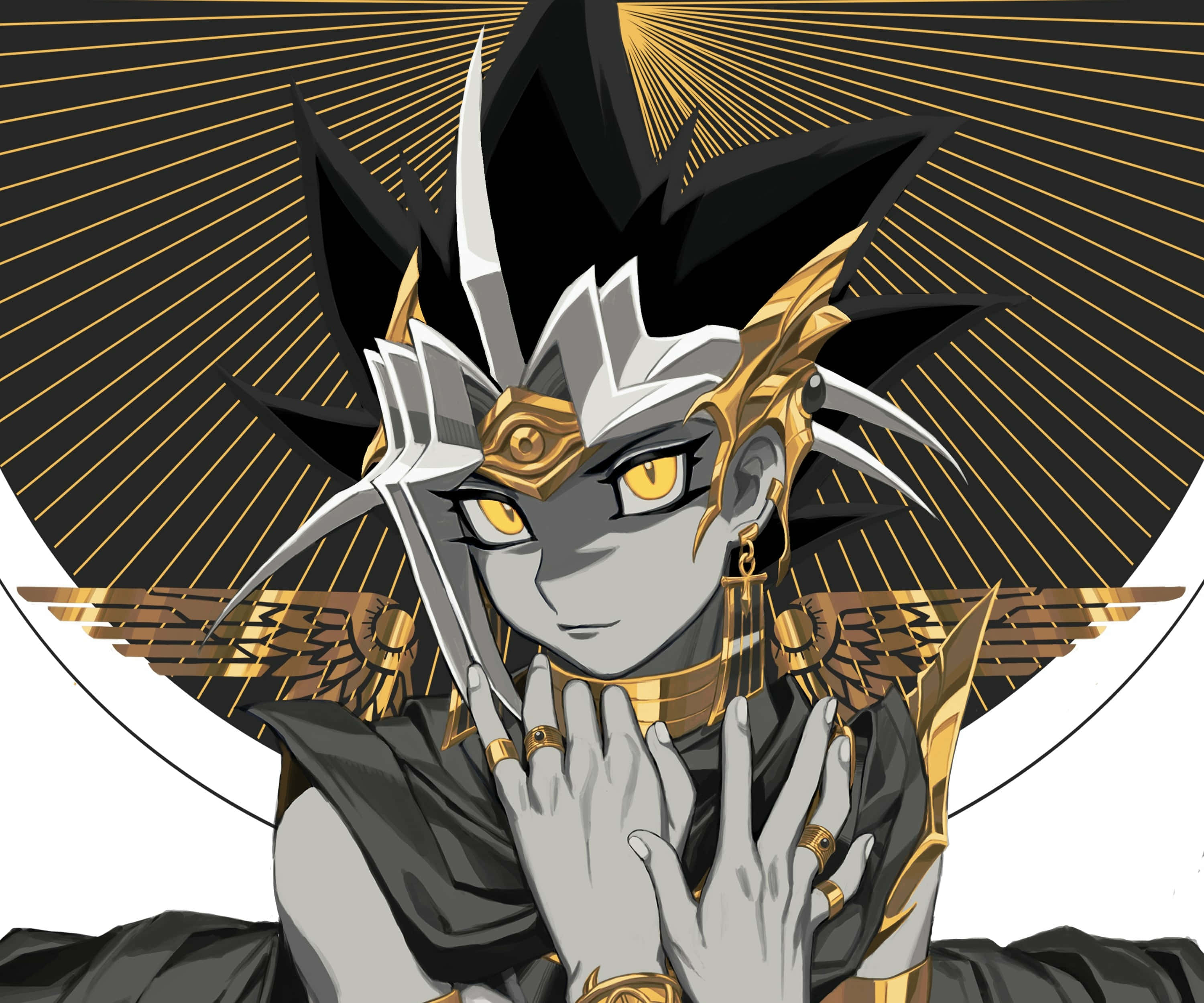 Pharaoh Atem 桌布 壁紙 — 一位高貴的動漫角色，擁有金色眼睛和華麗的黑金鎧甲，站在光芒四射的太陽光背景下。