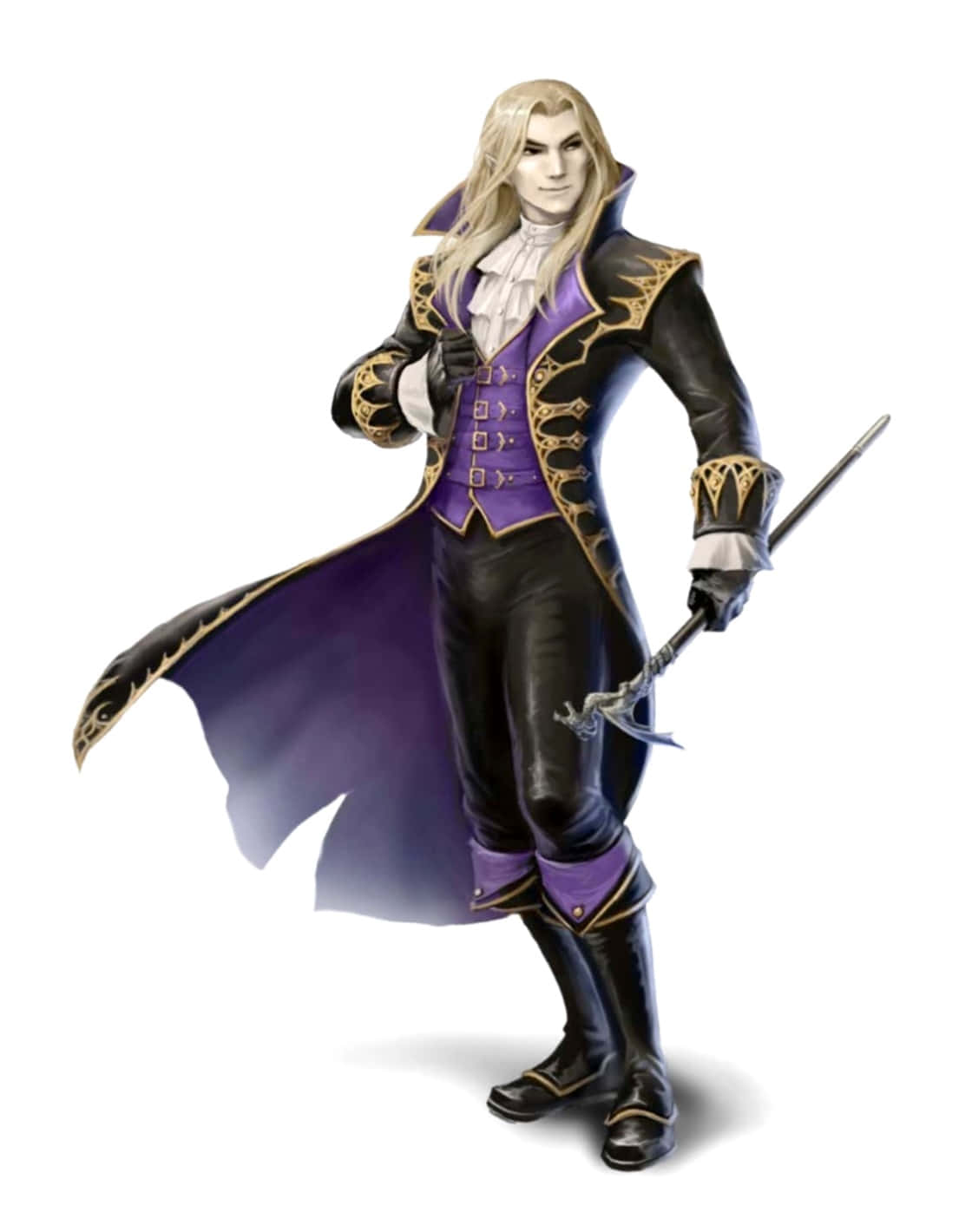 Vampire Lord 桌布 壁紙 — 一位高貴的吸血鬼貴族，長長的金髮，穿著紫色和黑色的華麗外套，在白色背景前手持劍。