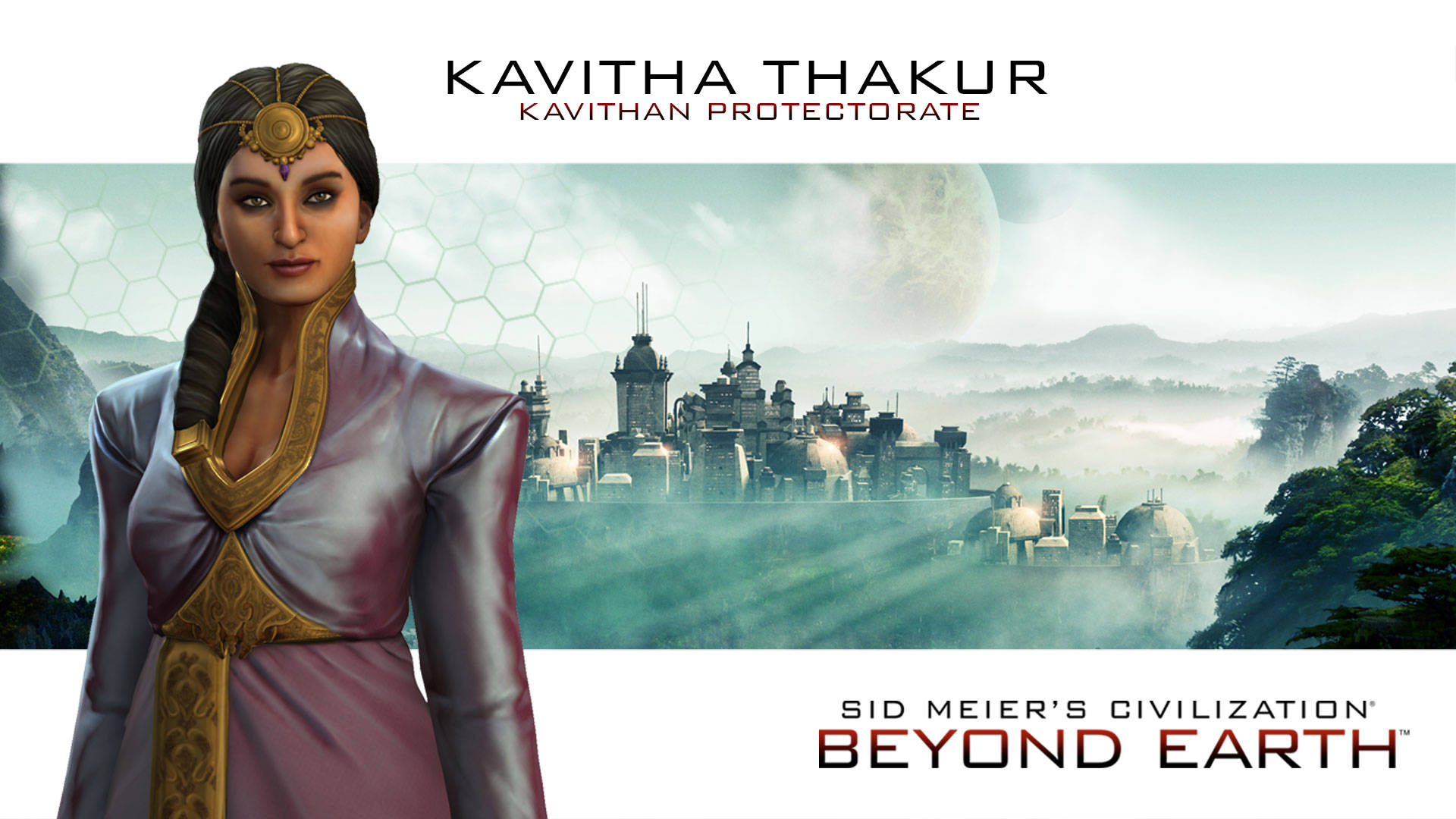 Civilization Beyond Earth 桌布 壁紙 — 一位高貴的外星女子穿著華麗的紫色和金色長袍，站在一個霧氣瀰漫的未來城市前，背景是一輪巨大的月亮。