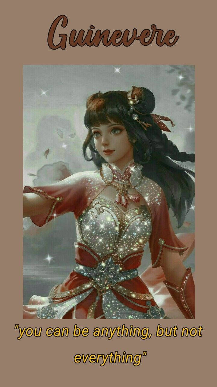 Guinevere 桌布 壁紙 — 一位高貴的奇幻女性，深色頭髮，閃亮的銀紅色盔甲，優雅地站在迷霧繚繞、星光點點的背景下。