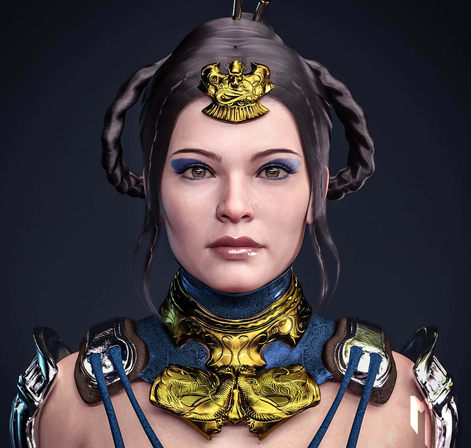 Mortal Kombat Kitana 桌布 壁紙 — 一位高貴的奇幻女戰士，編織的深色頭髮飾有金色王冠和華麗的藍色與金色盔甲。