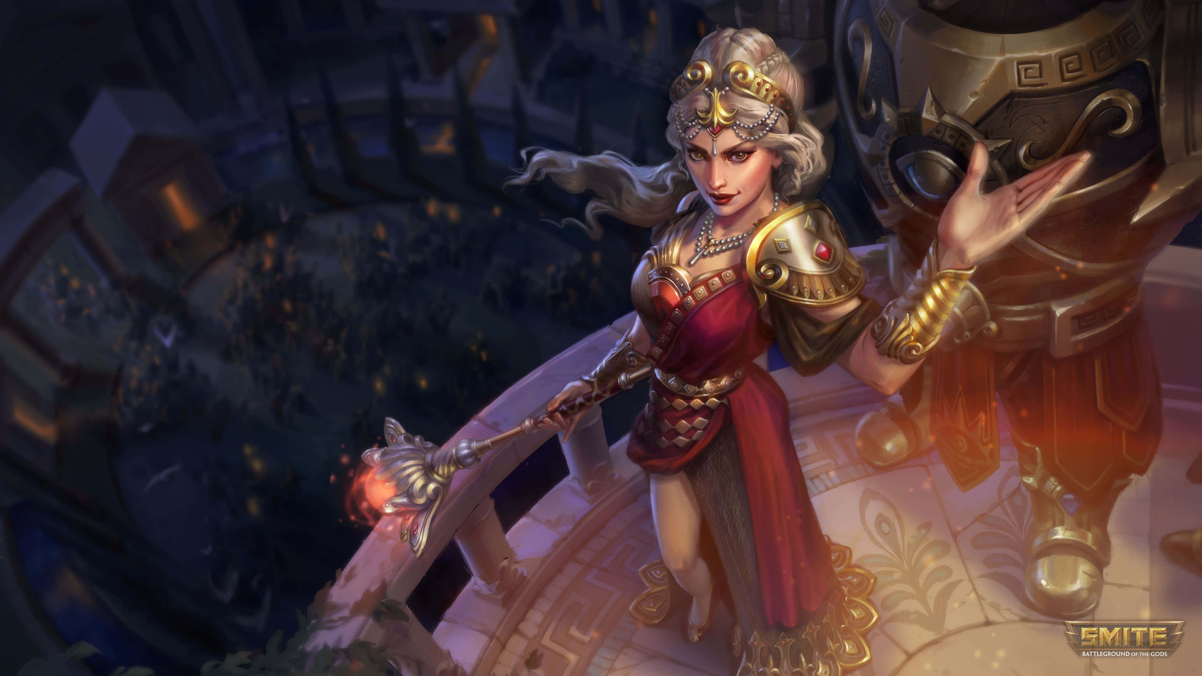 Smite 桌布 壁紙 — 一位高貴的奇幻女戰士，身穿華麗的金色盔甲和紅色長袍，站在陽台上俯瞰夜晚發光的城市景觀。