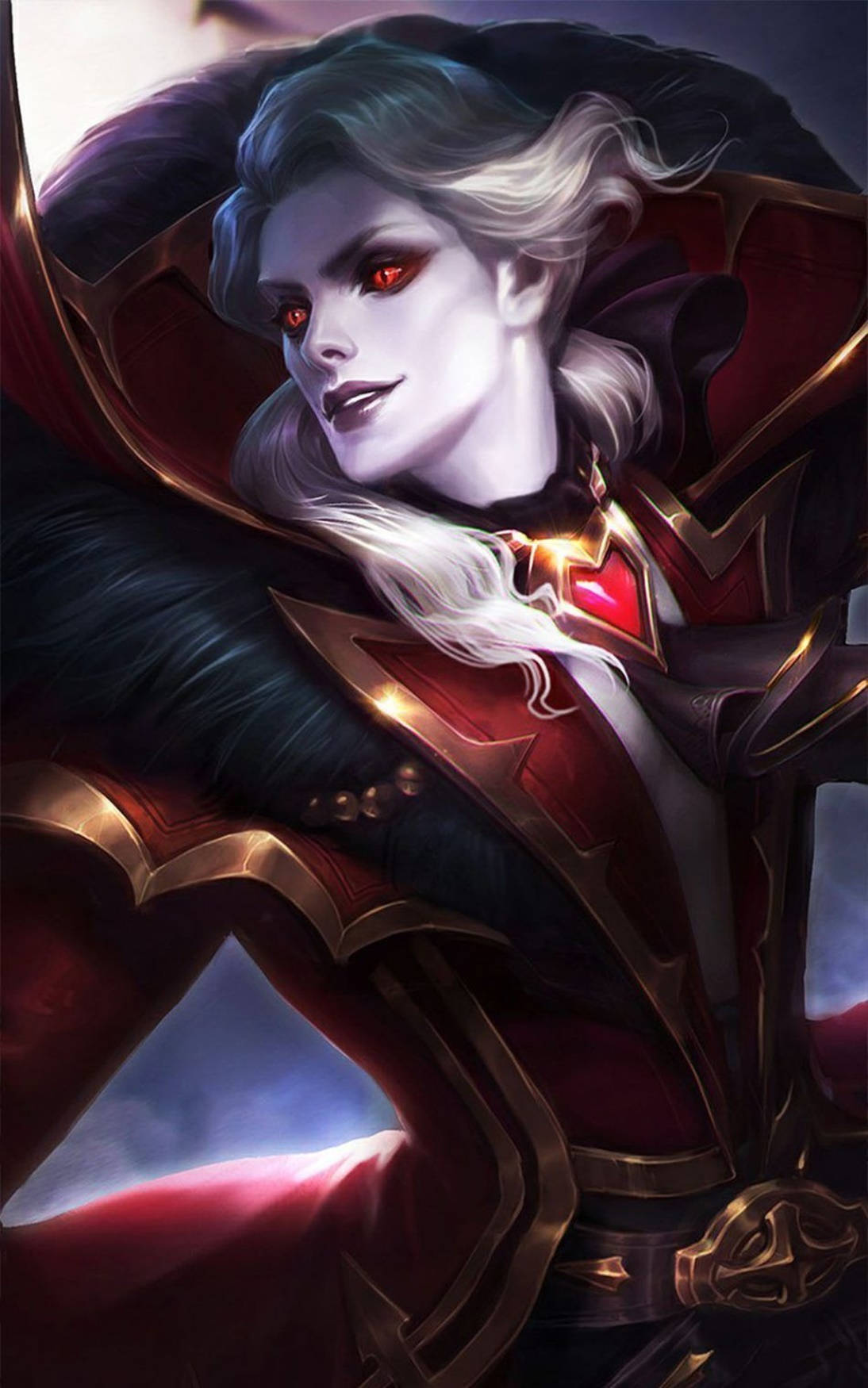 Mobile Legends 動態圖 桌布 壁紙 — 一位高貴的奇幻戰士，擁有發光的紅色眼睛和飄逸的銀色頭髮，穿著華麗的紅色和金色盔甲，背景是黑暗神秘的。