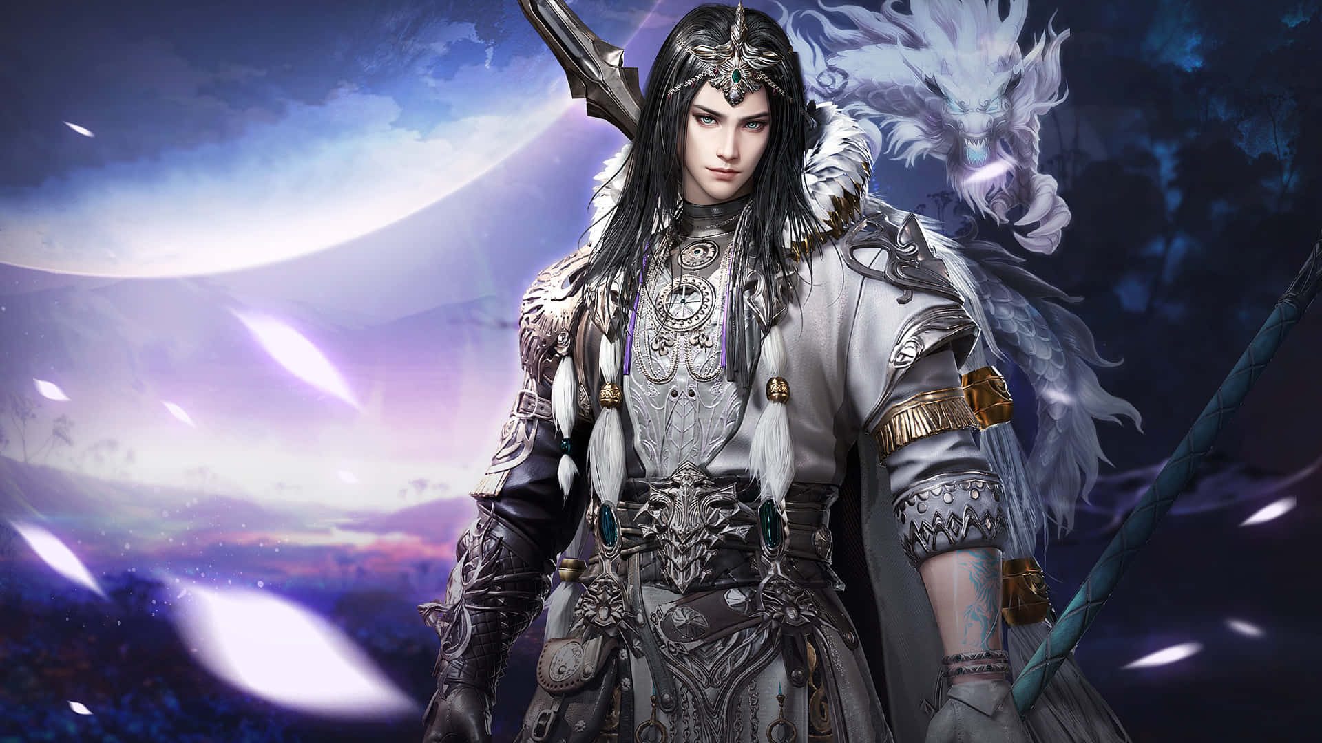 Blood Of Steel 桌布 壁紙 — 一位高貴的奇幻戰士，長長的黑髮和華麗的銀色盔甲，站在發光的彎月前，背景有一條白龍。