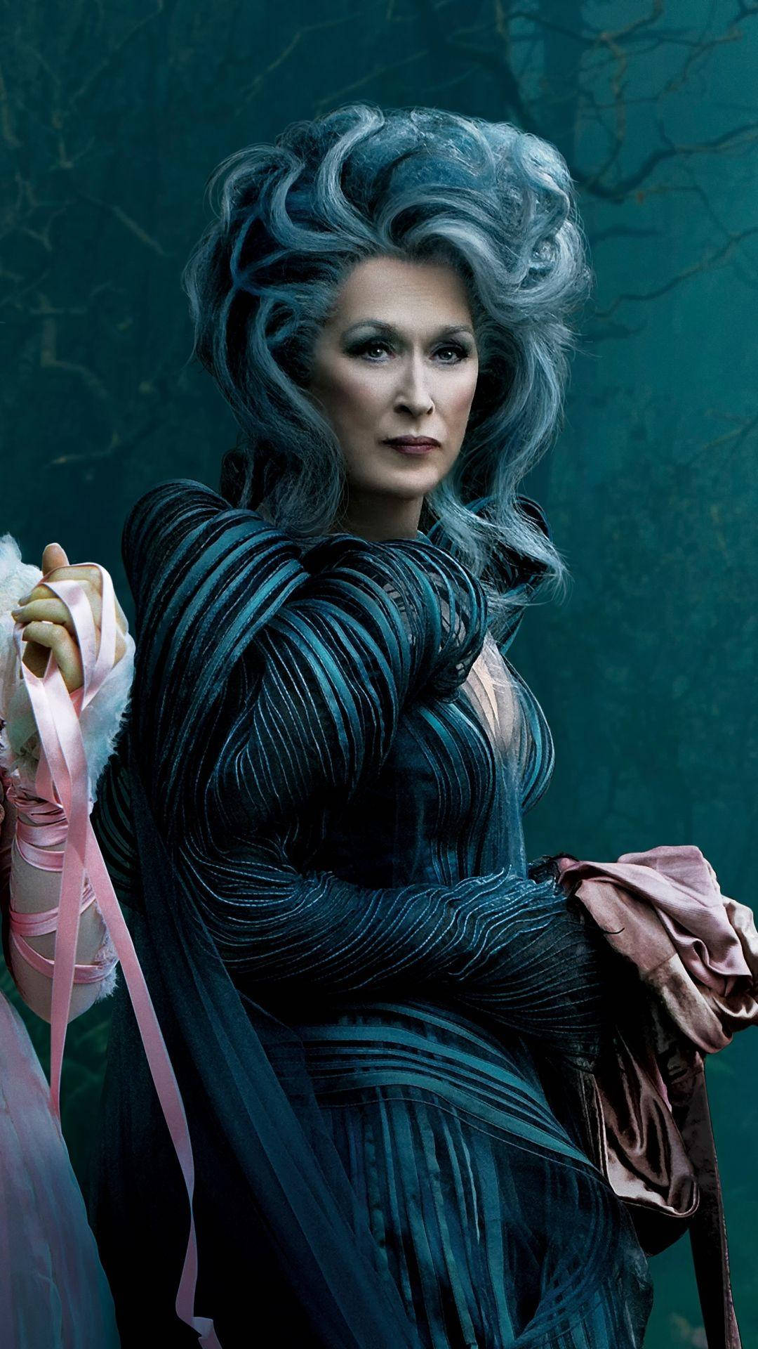Meryl Streep 桌布 壁紙 — 一位高貴的女子，擁有狂野的藍灰色頭髮和深色條紋長袍，在憂鬱的藍綠色森林背景下手持粉紅色絲帶。