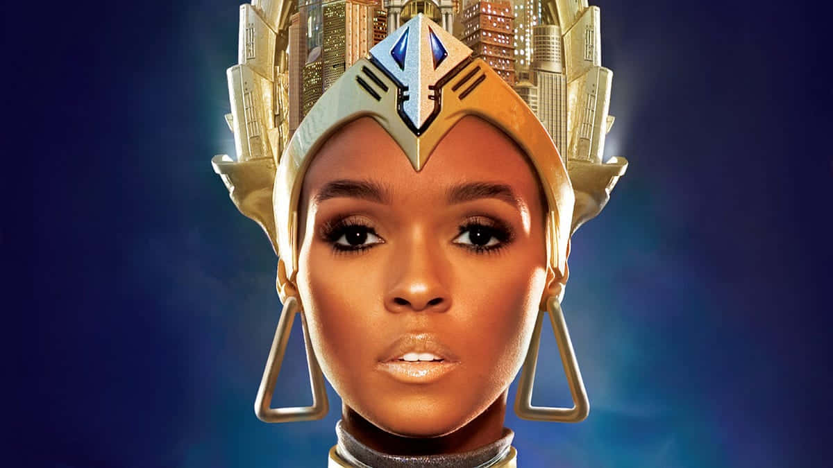 Afrofuturism 桌布 壁紙 — 一位高貴的女性戴著城市景觀形狀的金色皇冠，在深藍色背景前向前凝視。