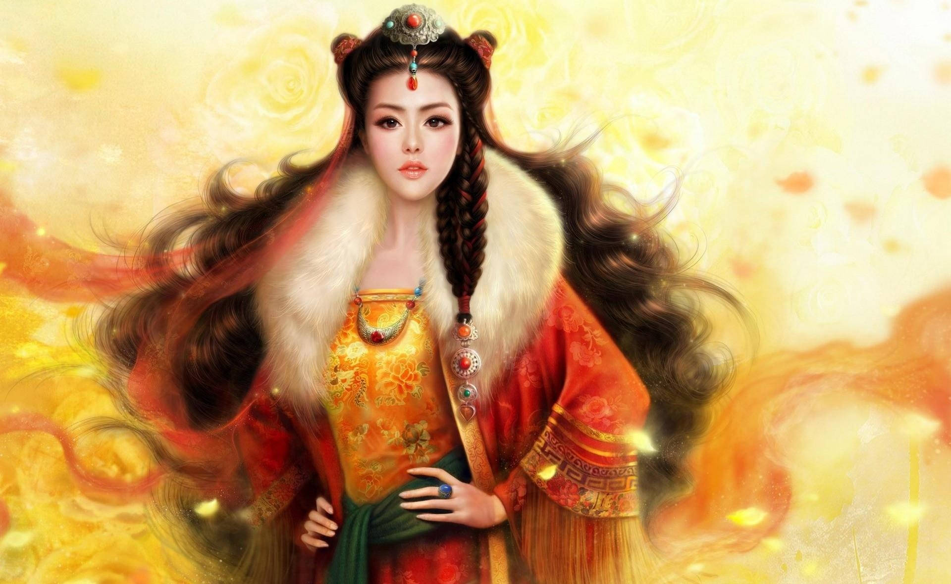 女孩 桌布 壁紙 — 一位高貴的女性穿著華麗的紅色和金色傳統服飾，站在閃耀的金色漩渦背景前。