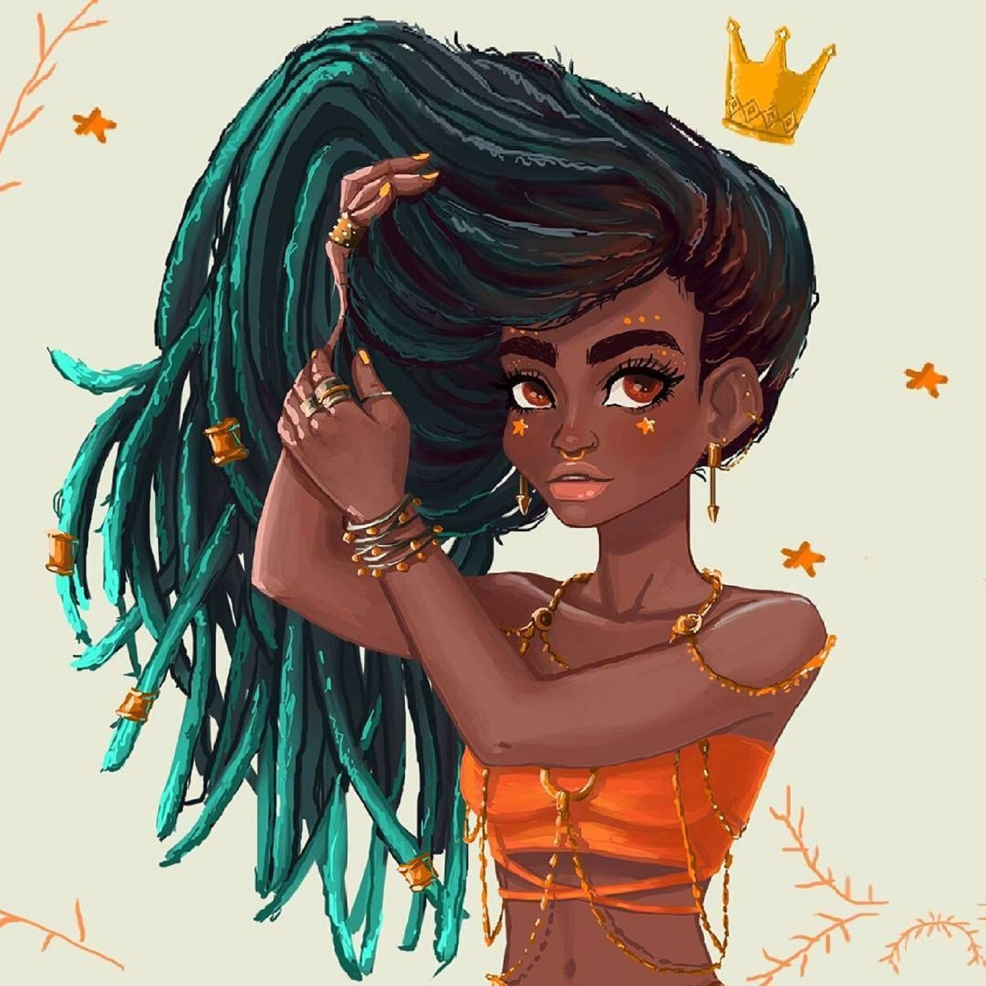 girls 桌布 壁紙 — 一位高貴的插畫女性，擁有藍綠色辮子頭和金色珠寶，直視前方，一頂皇冠漂浮在她的頭頂上方。