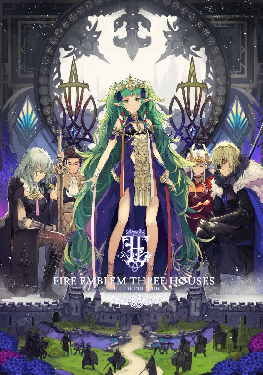 Fire Emblem Three Houses 桌布 壁紙 — 一位高貴的精靈女王，綠色頭髮，站在城堡頂端，在星空下由四位戰士護衛。