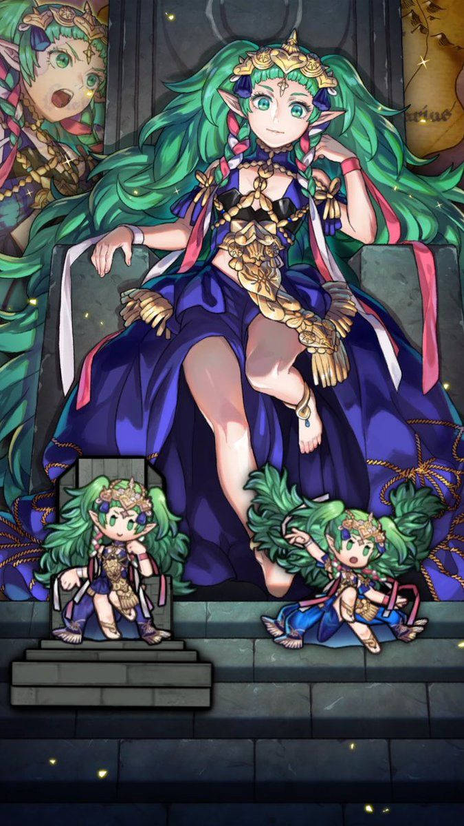 Fire Emblem Three Houses 桌布 壁紙 — 一位高貴的綠髮精靈女王，身穿華麗的金色和紫色服飾，坐在石頭王座上，兩側有兩個較小的自己，身處奇幻場景。