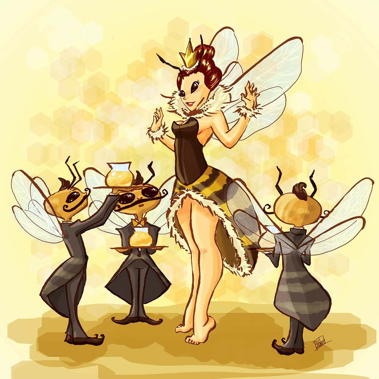 Cute Queen 桌布 壁紙 — 一位高貴的蜂后戴著皇冠、穿著羽毛裙，與三位拿著蜜罐的蜜蜂僕人在蜂巢背景前跳舞。