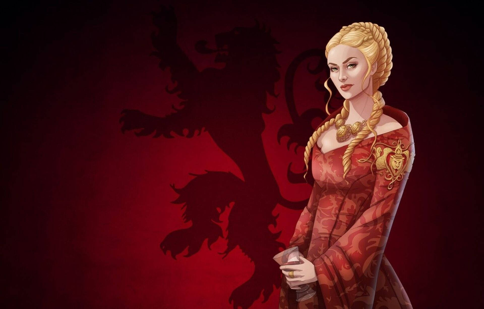cersei lannister 桌布 壁紙 — 一位高貴的金髮女子身穿華麗的紅色中世紀長袍，站在獅子徽章前，背景是深紅色。