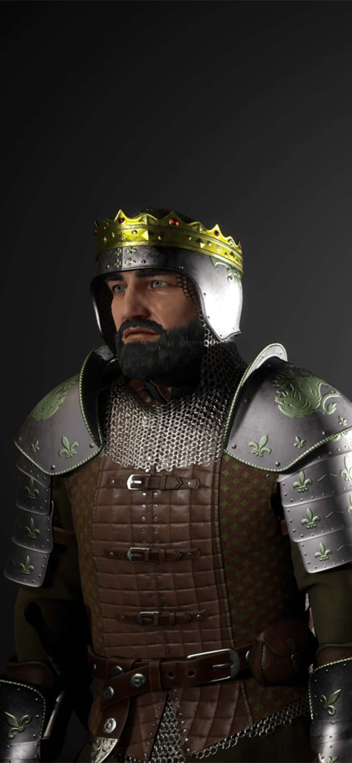 iPhone Xs Mordhau 桌布 壁紙 — 一位高貴的騎士身穿華麗盔甲和金色王冠，在黑暗背景下凝視前方。