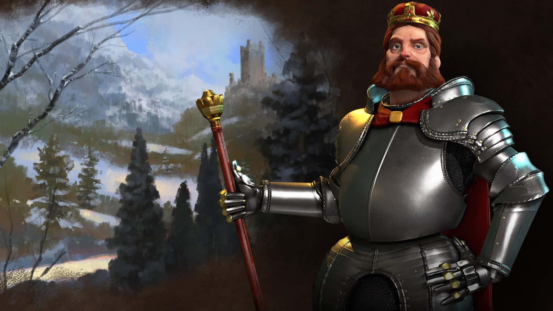 1080p Civilization V 桌布 壁紙 — 一位鬍鬚國王身穿閃亮盔甲和皇冠，手持權杖，背景是雪山和遠處的城堡。