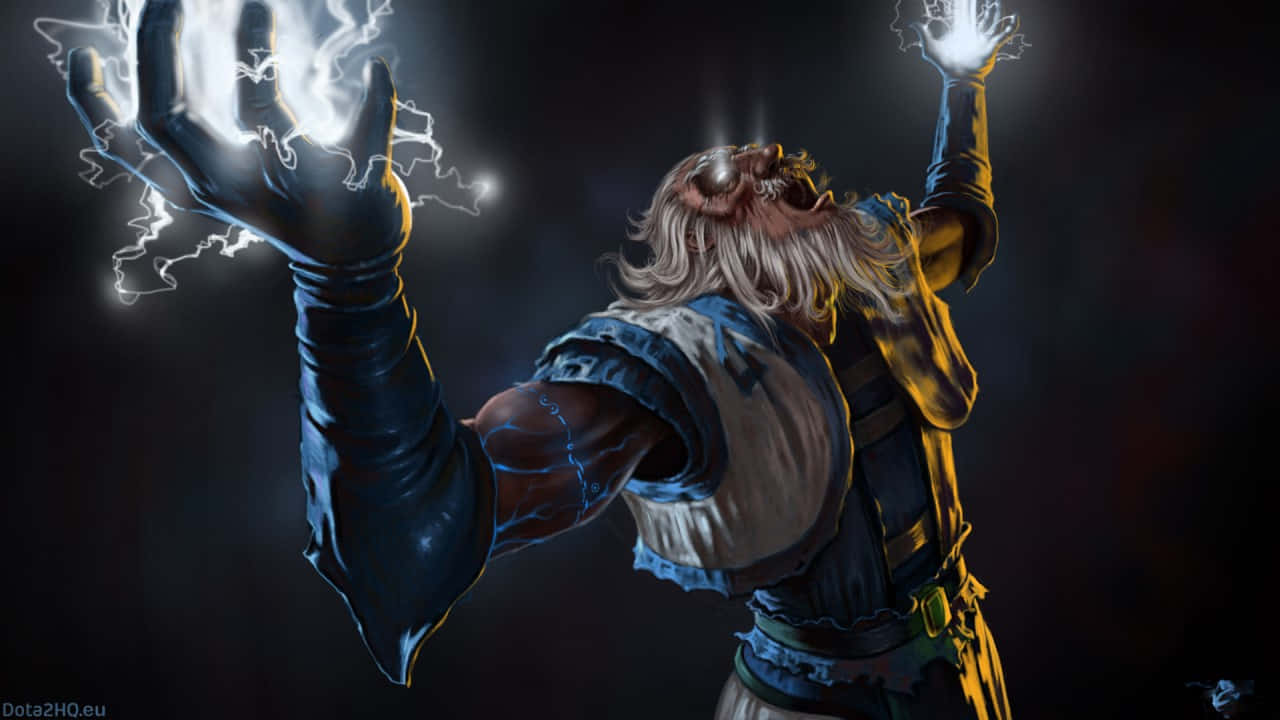電玩遊戲 桌布 壁紙 — 一位鬍鬚奇幻戰士在黑暗背景下從雙手中釋放出噼啪作響的閃電。