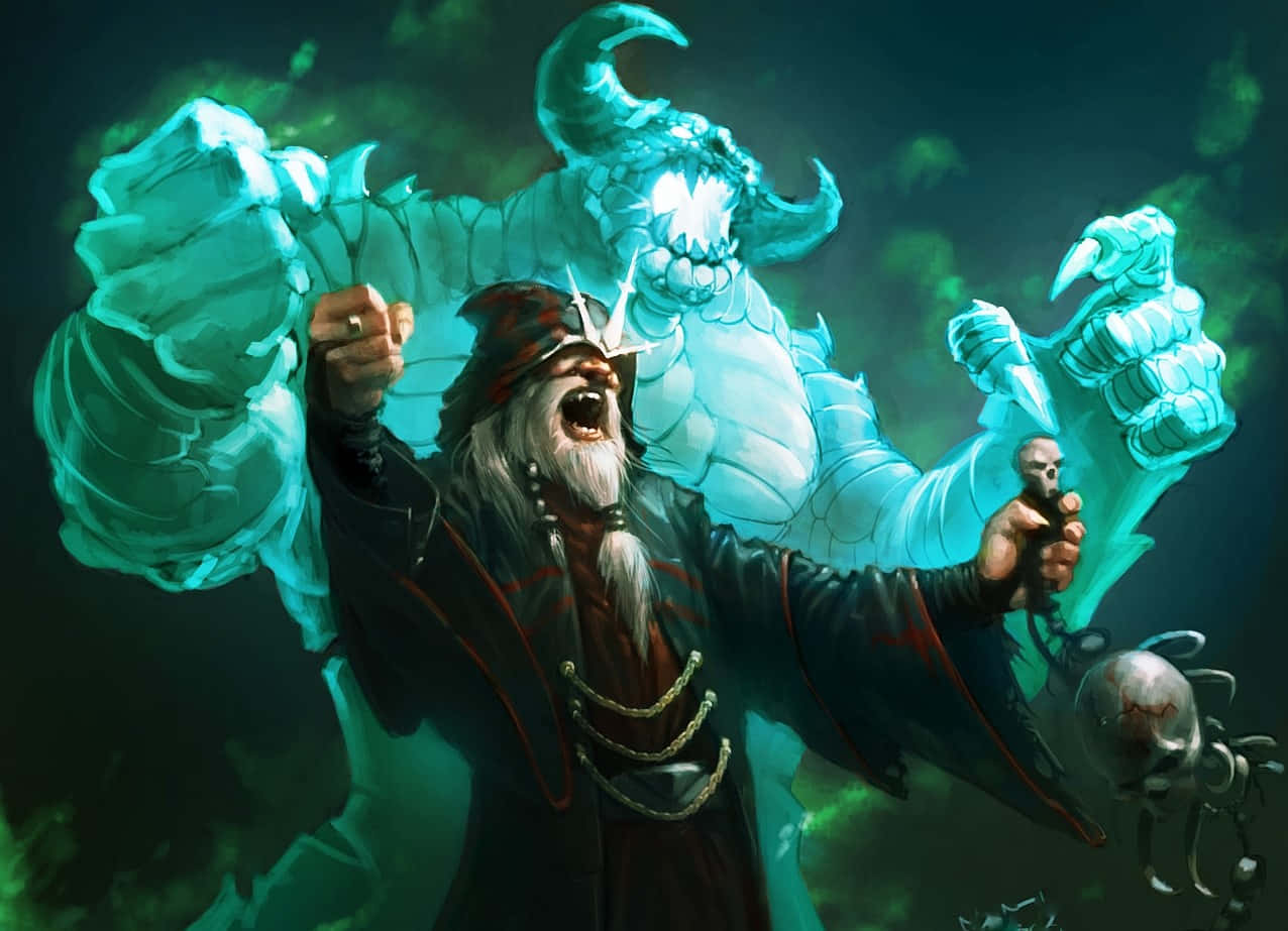 wizard 桌布 壁紙 — 一位鬍鬚巫師身穿暗色長袍，尖叫著召喚一個發光的青綠色冰魔像，魔像有尖刺拳頭和骷髏頭法杖。
