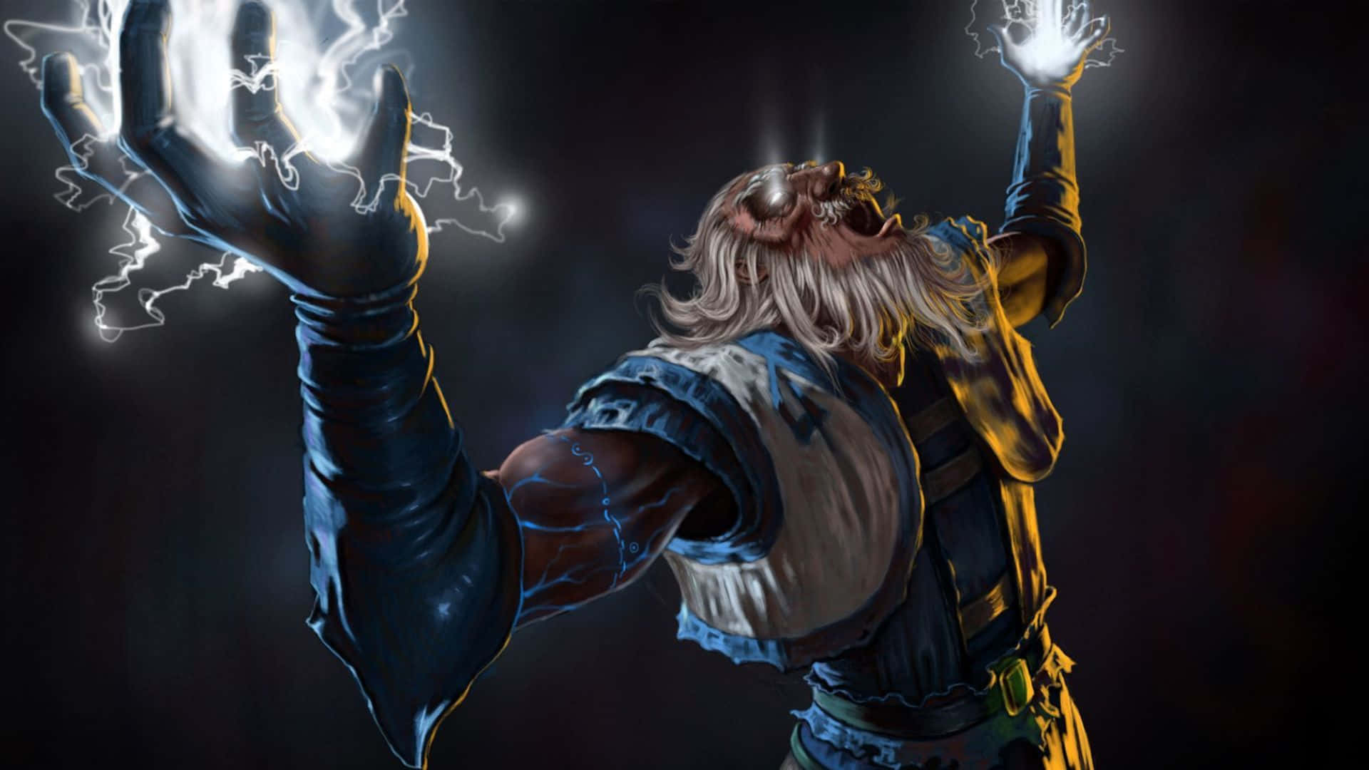 Dota 2 Heroes 桌布 壁紙 — 一位鬍鬚巫師身穿黑色盔甲，在黑色背景前從雙手中釋放出噼啪作響的白色閃電。