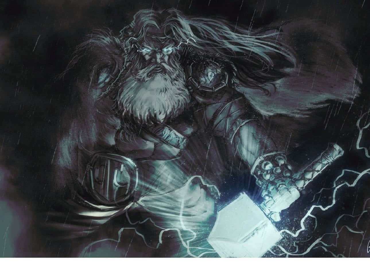 God Of Thunder 桌布 壁紙 — 一位鬍鬚戰士，雙眼發光，在暴風雨中揮舞著發光的錘子，身處黑暗奇幻場景。