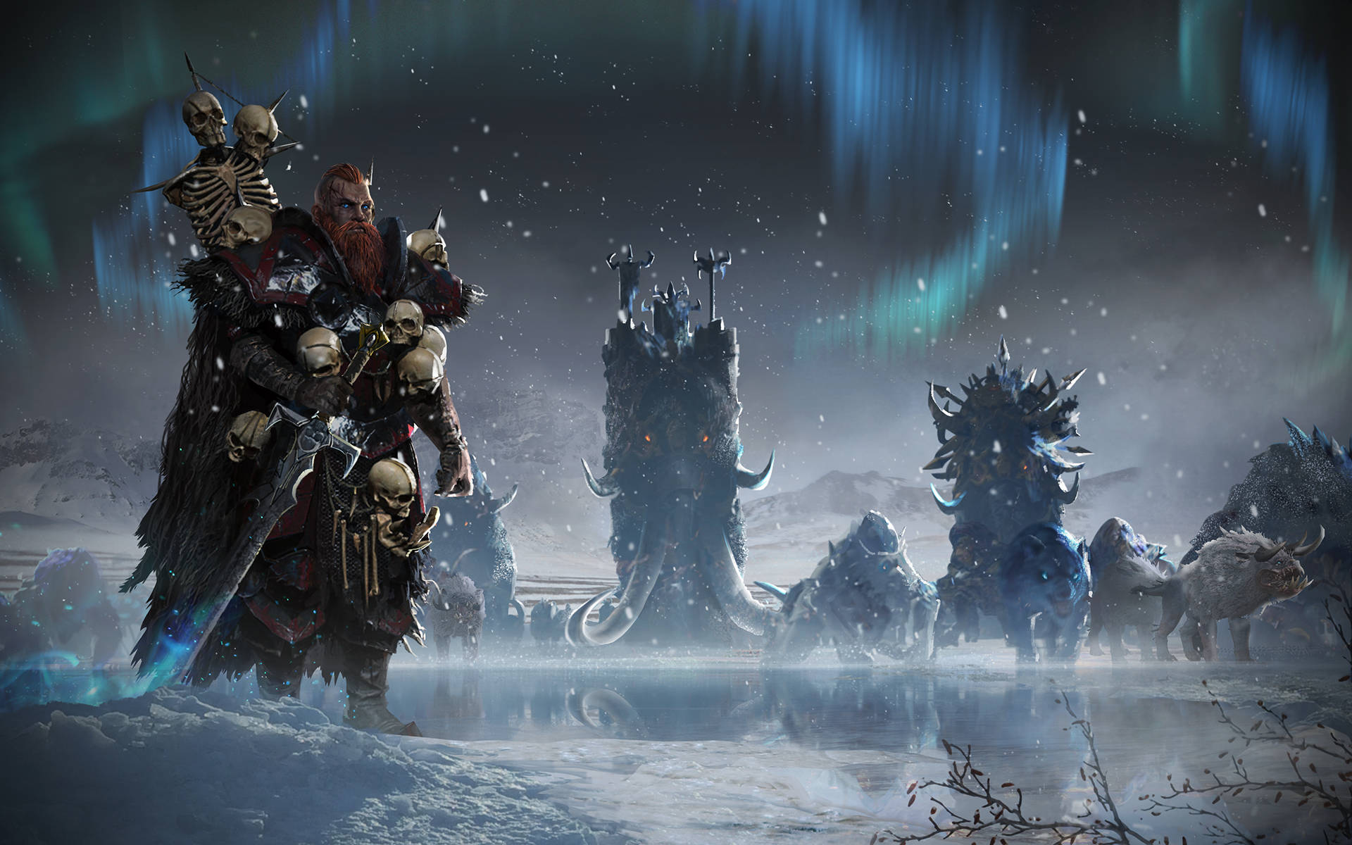 Total War 桌布 壁紙 — 一位鬍鬚戰士裝飾著頭骨，站在雪景中，背景有發光的極光、怪物和尖刺塔。