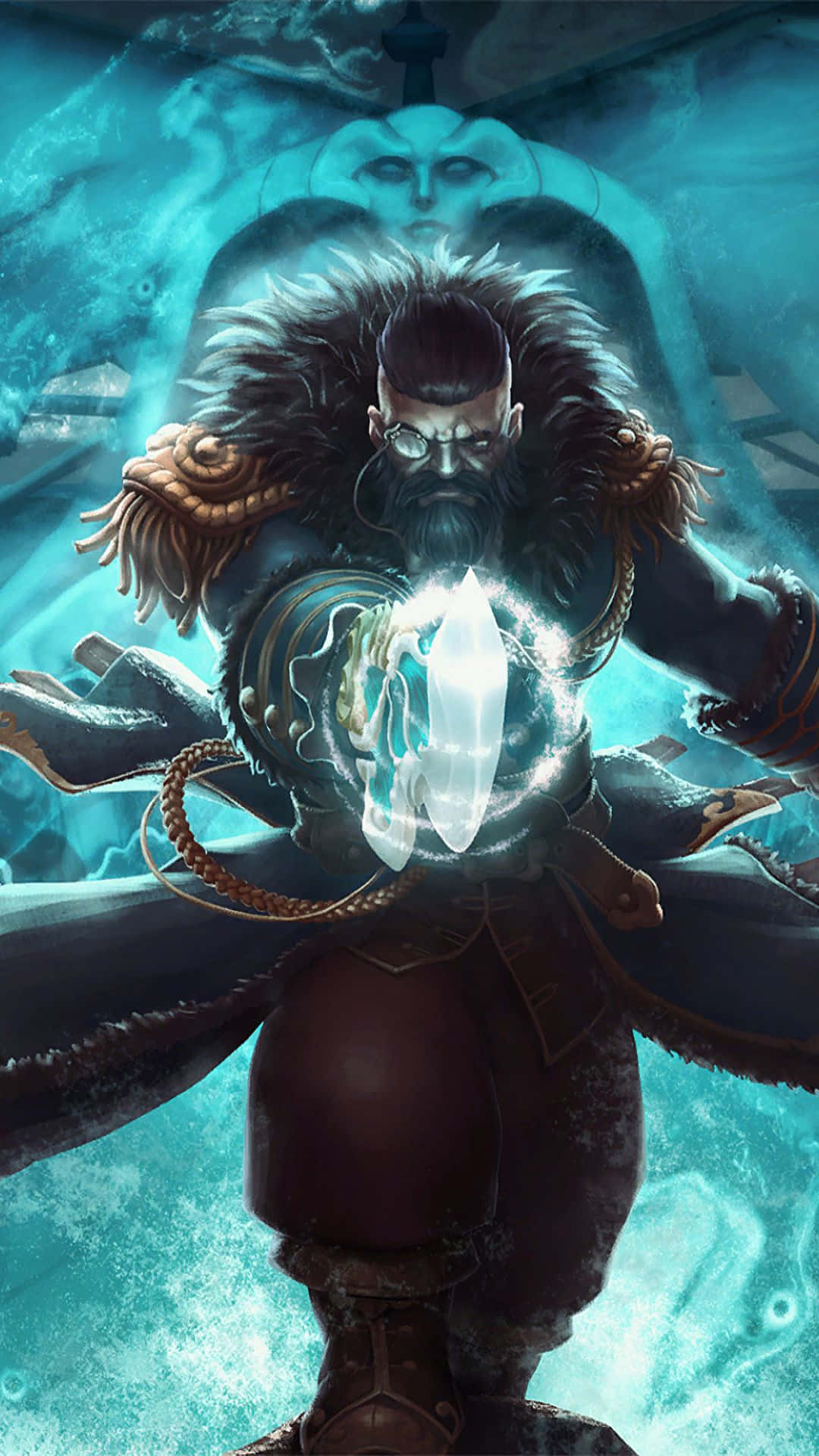 電玩遊戲 桌布 壁紙 — 一位鬍鬚戰士身穿毛皮盔甲，引導發光的冰魔法，而一個幽靈般的面孔在他身後寒冷的領域中隱現。
