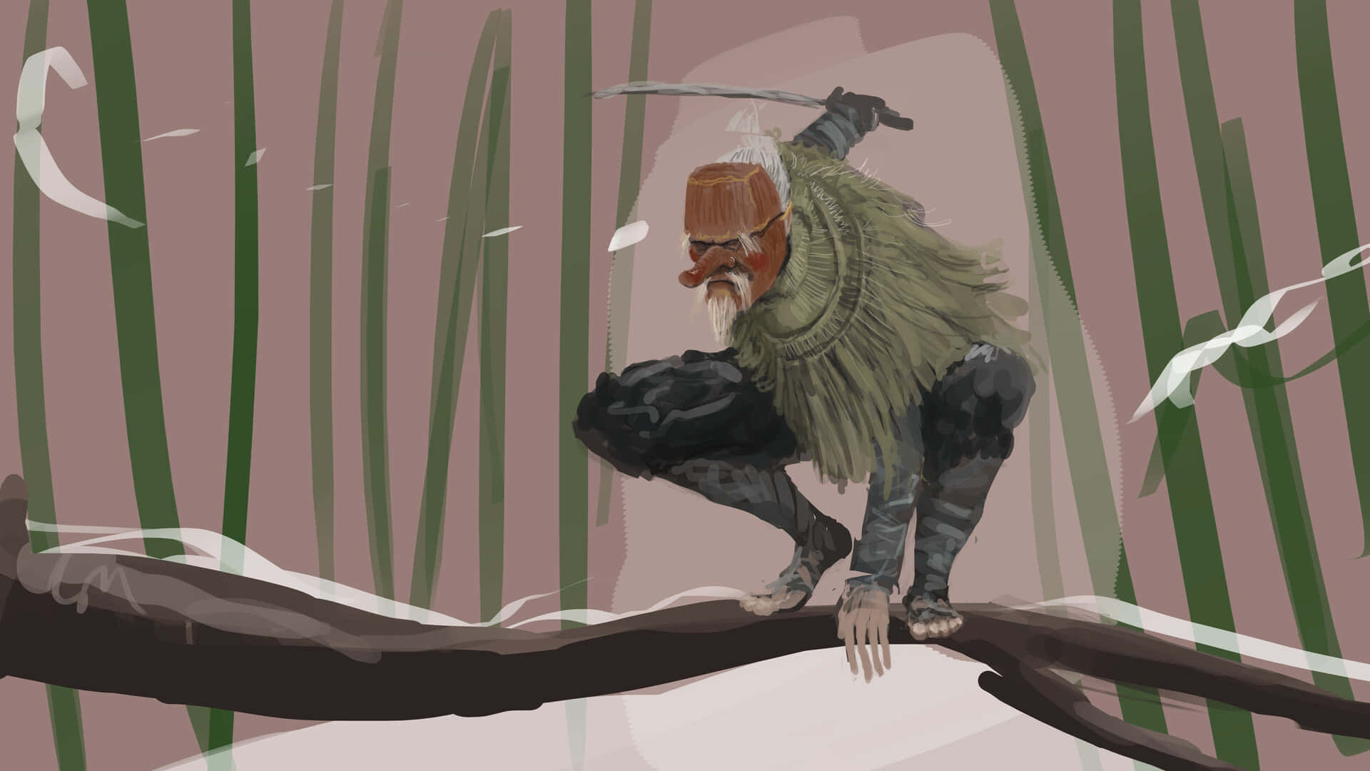 Tengu 桌布 壁紙 — 一位鬍鬚戰士身穿毛皮盔甲，蹲在高竹叢中的雪枝上，劍指向柔和的粉紅天空。