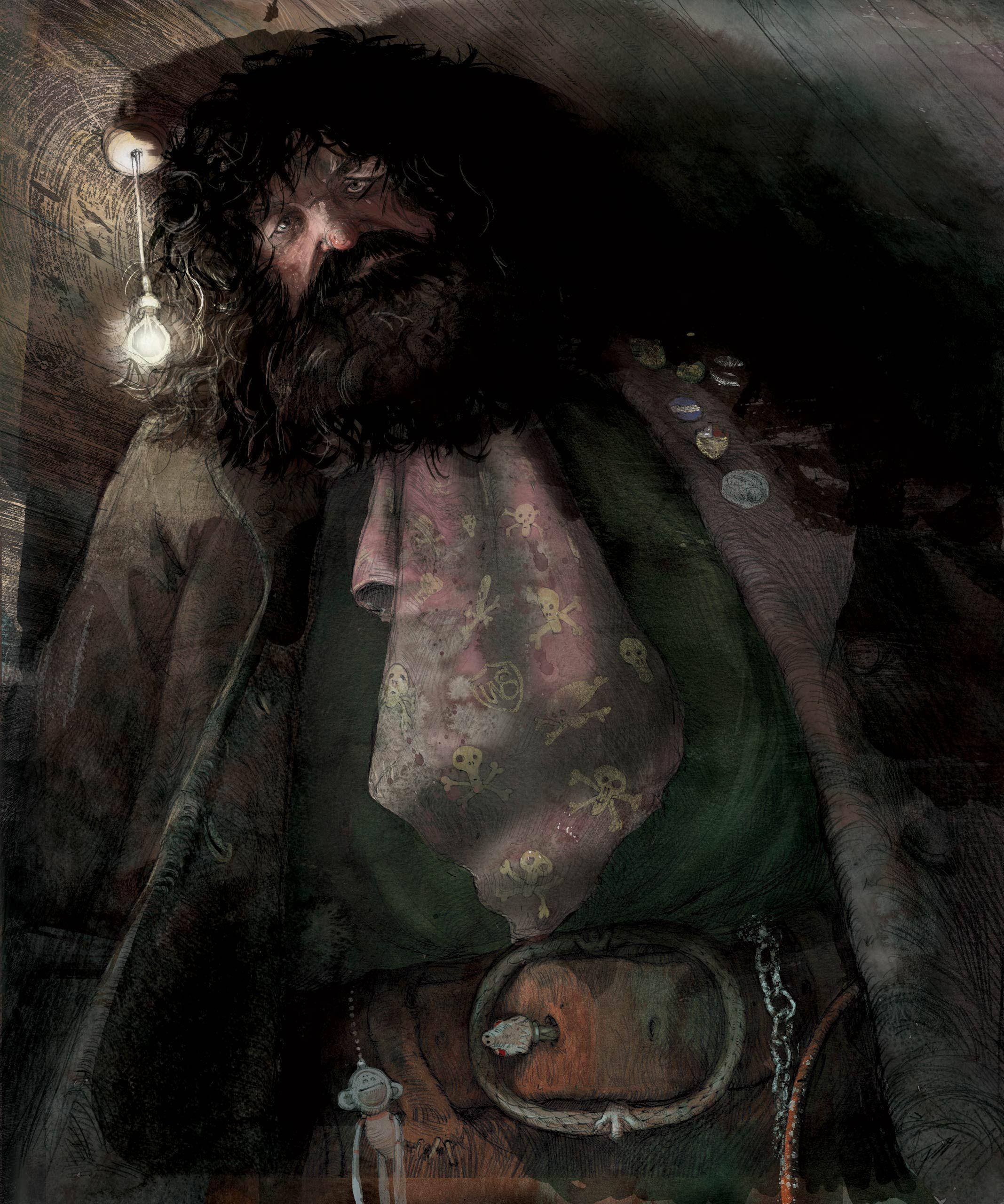 rubeus hagrid 桌布 壁紙 — 一位鬍鬚濃密、戴著骷髏圖案圍巾的灰白頭髮海盜，坐在昏暗的木屋中，頭頂懸掛著燈泡。