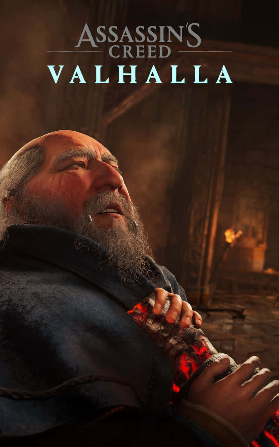 character 桌布 壁紙 — 一位鬍鬚維京戰士在昏暗的木製大廳中，專注地握著一個發光的紅色神器。