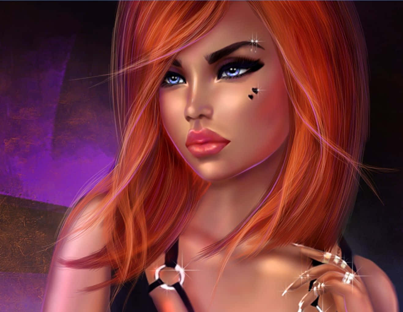 imvu 桌布 壁紙 — 一位魅力四射的動漫風格女性，擁有火紅橙色頭髮和閃閃發光的飾品，在憂鬱的紫色背景下強烈凝視。
