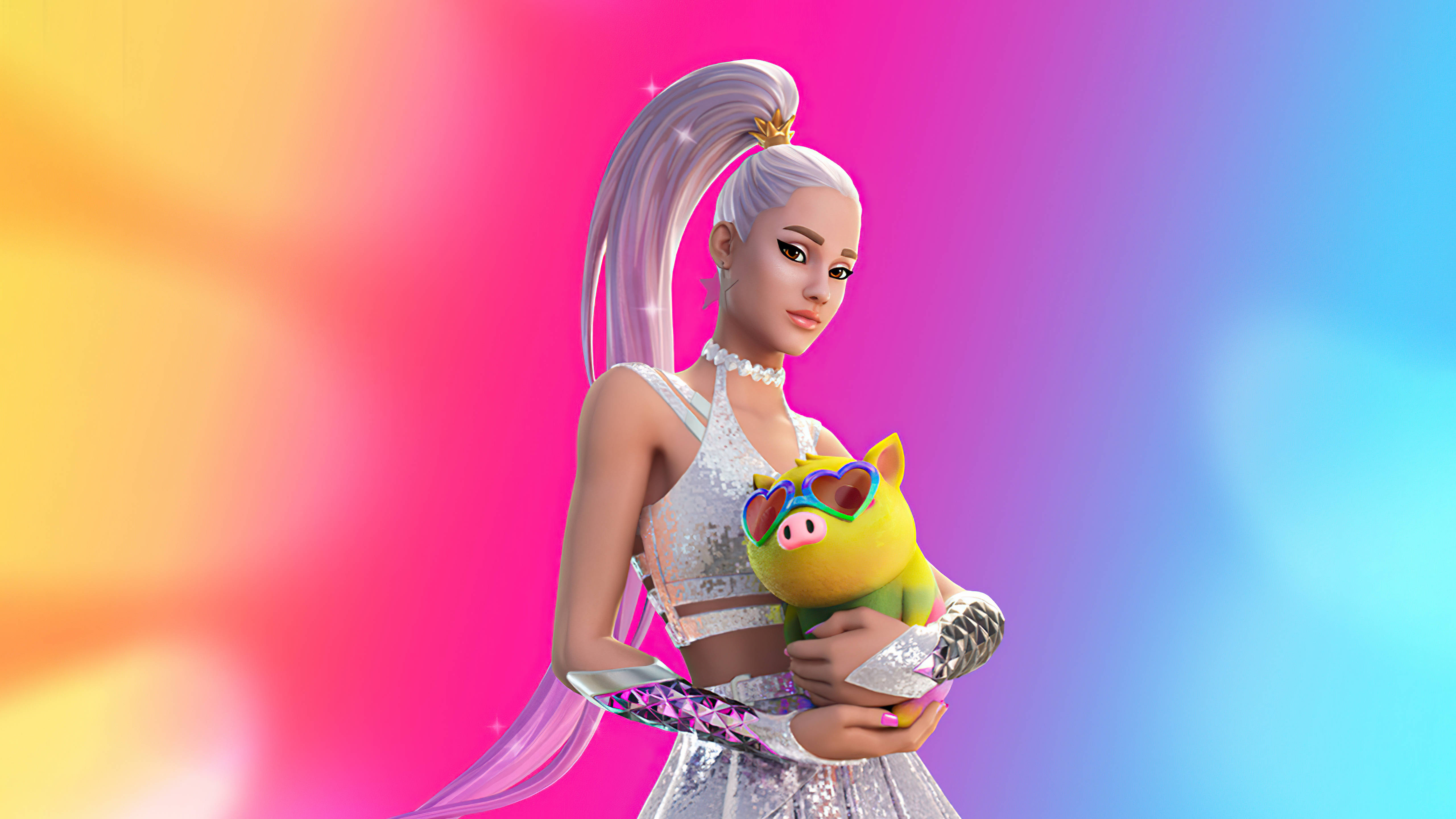 Fortnite iPad 桌布 壁紙 — 一位魅力四射的動畫風格女性，梳著高馬尾，抱著一隻戴著心形太陽眼鏡的豬，背景是充滿活力的彩虹漸變色。