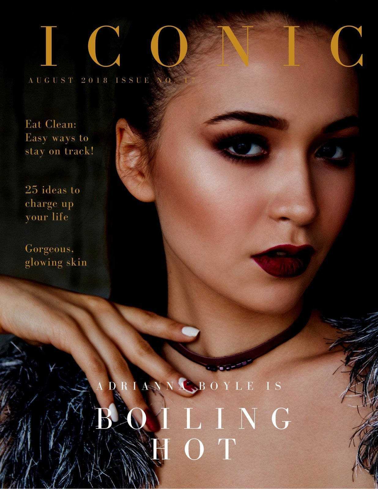 Magazine 桌布 壁紙 — 一位魅力四射的女性，擁有鮮豔的紅唇和煙燻眼妝，從名為「ICONIC」的雜誌封面中凝視，穿著羽毛服飾，燈光效果戲劇化。
