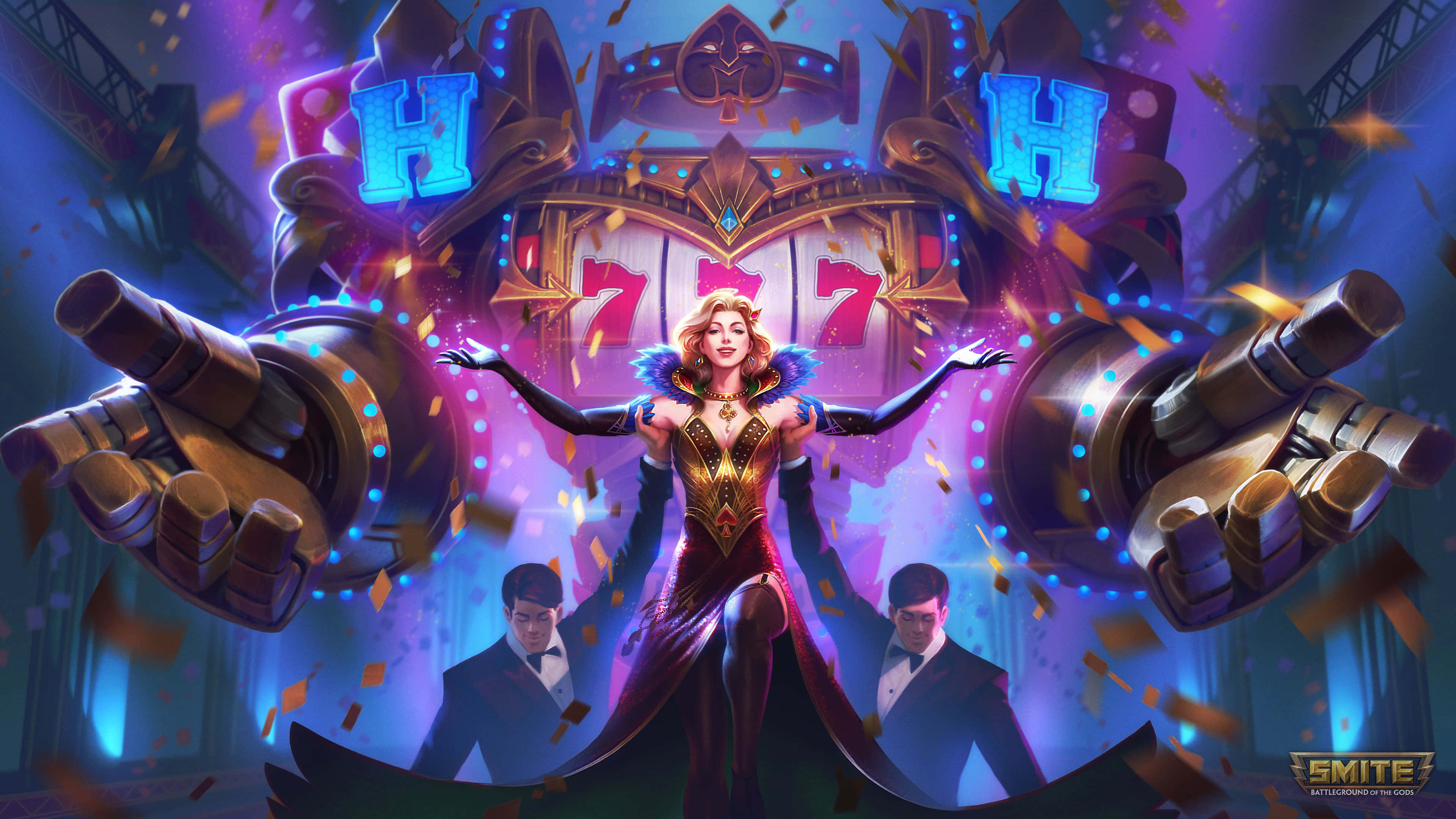 Smite 桌布 壁紙 — 一位魅力四射的女王站在一部巨大的老虎機前，周圍有發光的符號和飄落的五彩紙屑。