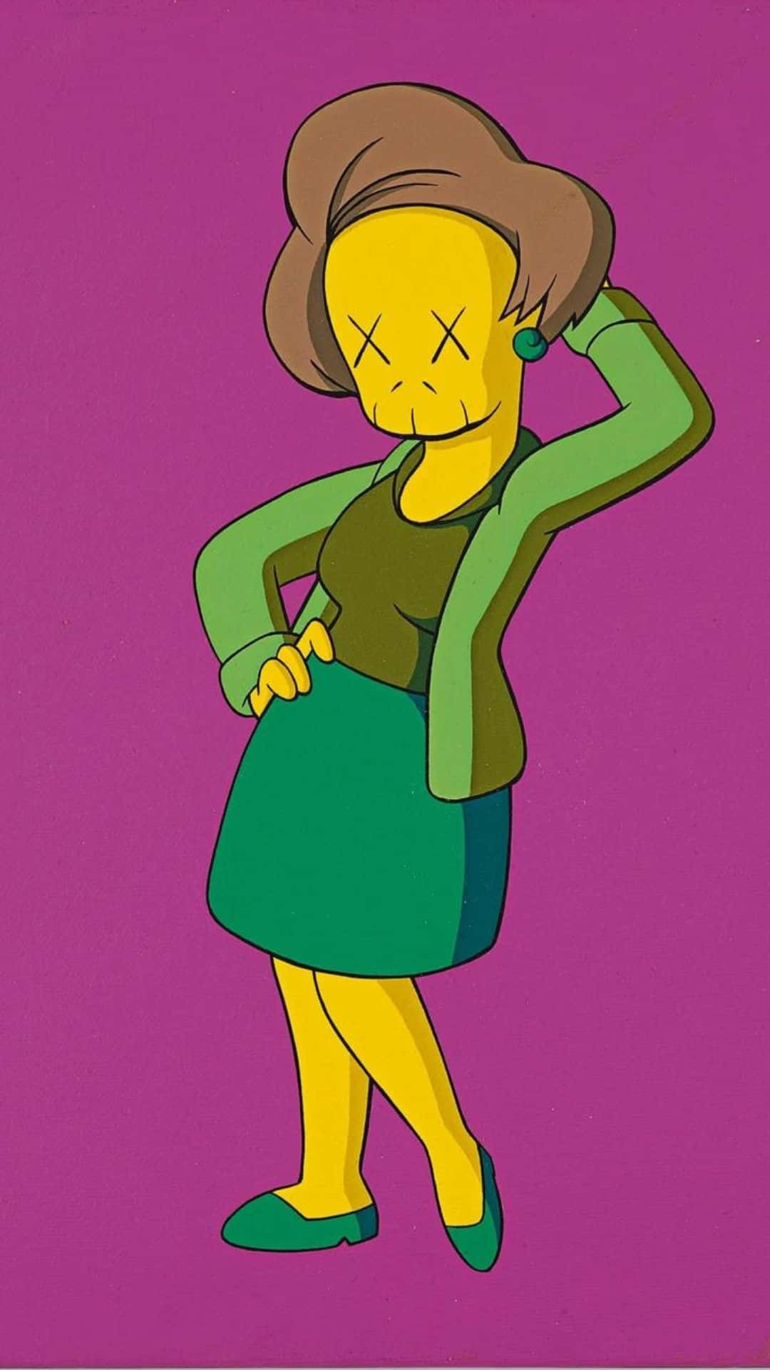 Kaws The Simpsons 桌布 壁紙 — 一位黃皮膚的卡通女性，眼睛呈X形，棕色頭髮，穿著綠色服裝，在充滿活力的紫色背景前自信地擺姿勢。