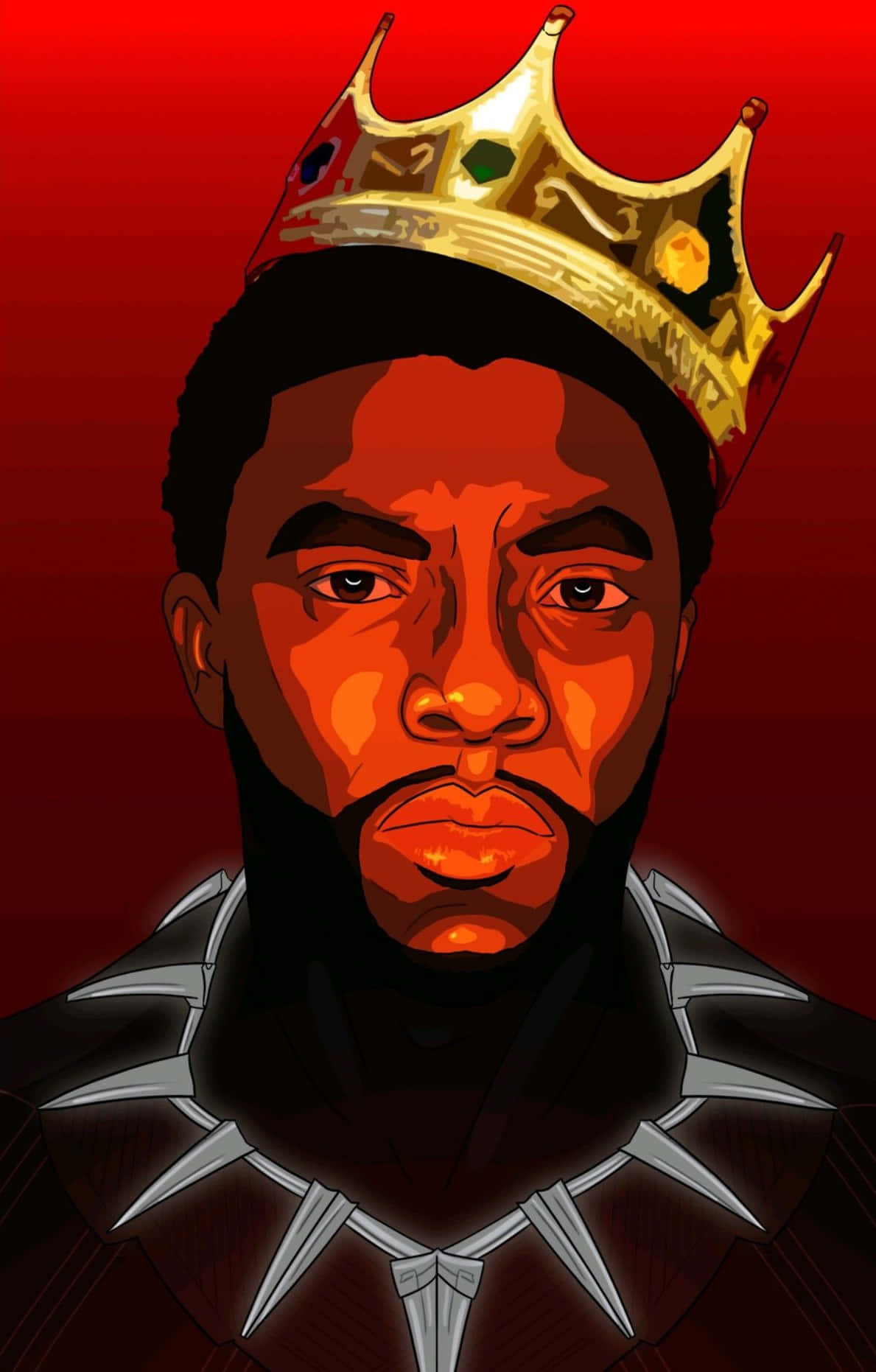King Of Wakanda 桌布 壁紙 — 一位黑人國王戴著金色王冠和尖刺項圈的威嚴肖像，背景是火紅色。