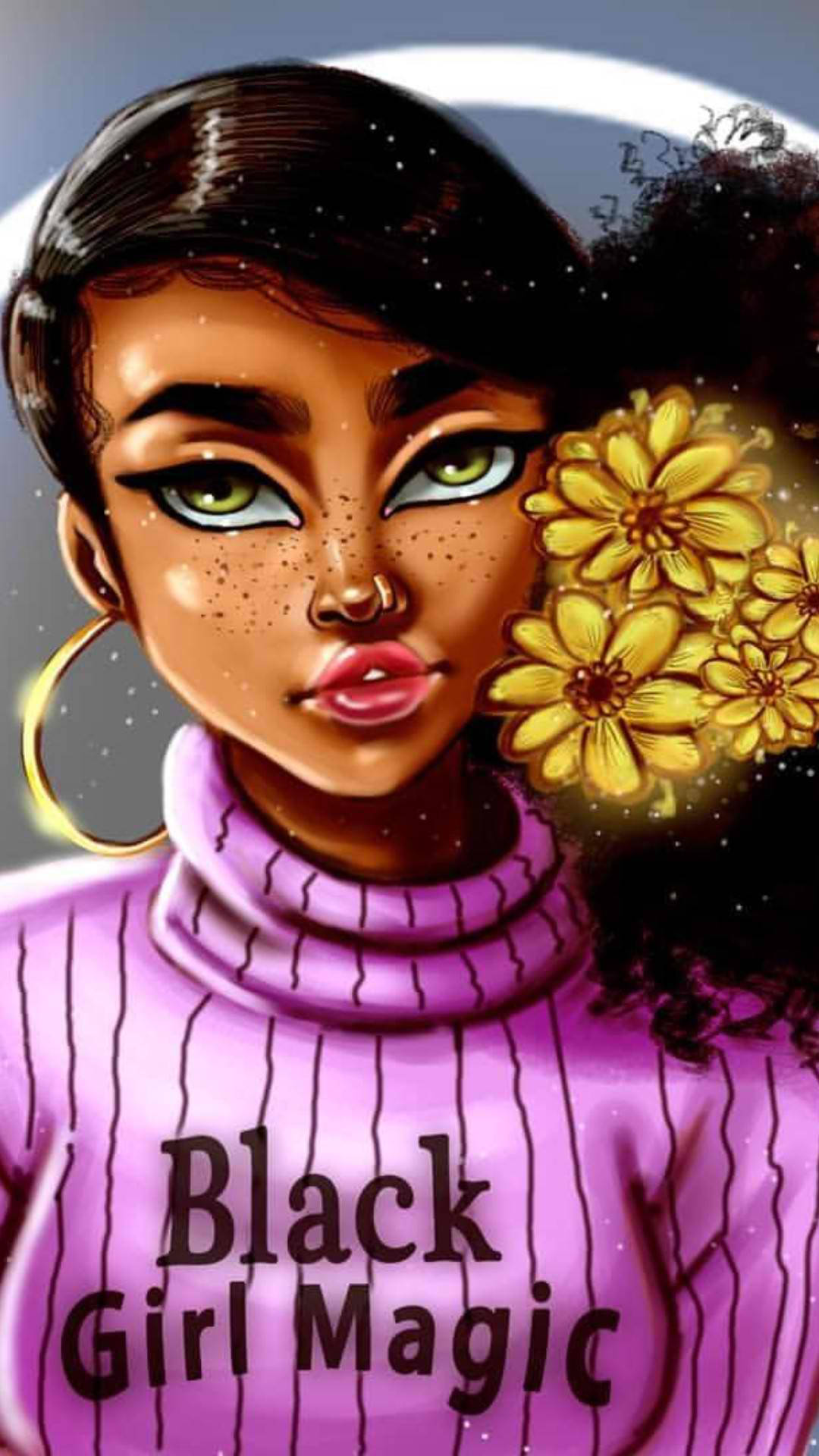 Black Girl 桌布 壁紙 — 一位黑人女性的鮮豔數位肖像，她擁有綠色眼睛、戴著金色圓環耳環，身穿印有「Black Girl Magic」字樣的紫色毛衣，頭髮上綴有發光的黃色花朵。