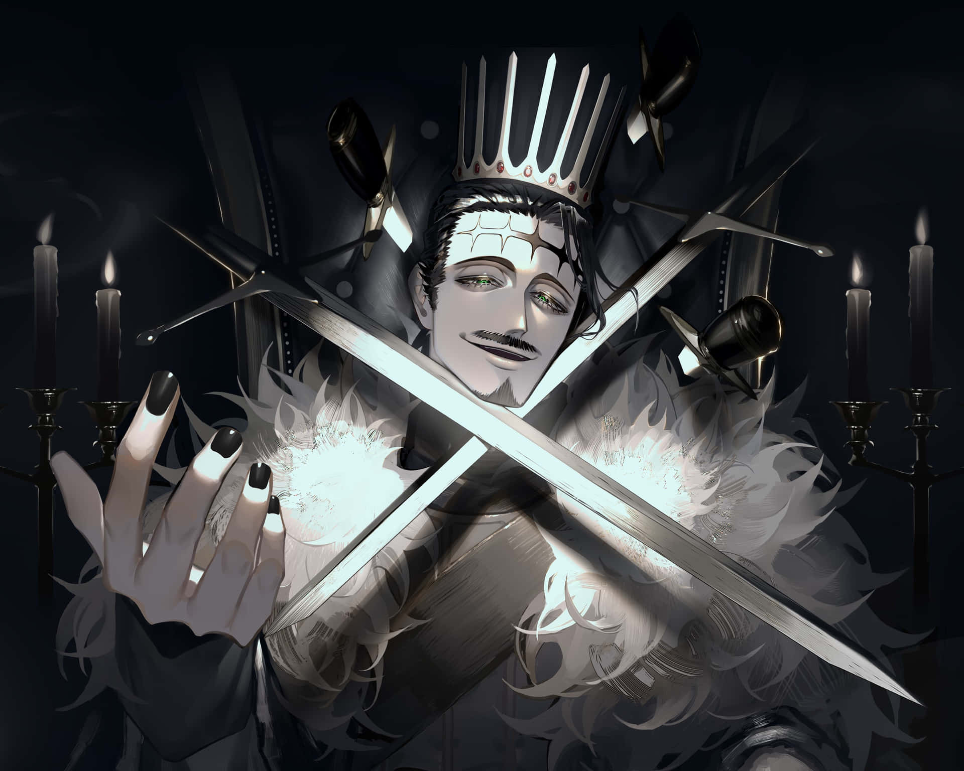 Black Clover Yami 桌布 壁紙 — 一位黑暗動漫國王戴著尖刺王冠，手持交叉的劍，周圍環繞著閃爍的蠟燭和發光的白色羽毛。