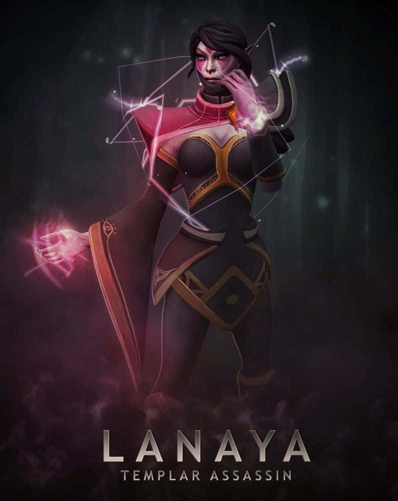 Templar Assassin 桌布 壁紙 — 一位黑暗奇幻刺客，帶有發光的粉紅色能量和幾何光效，站立在煙霧繚繞、陰影籠罩的環境中。